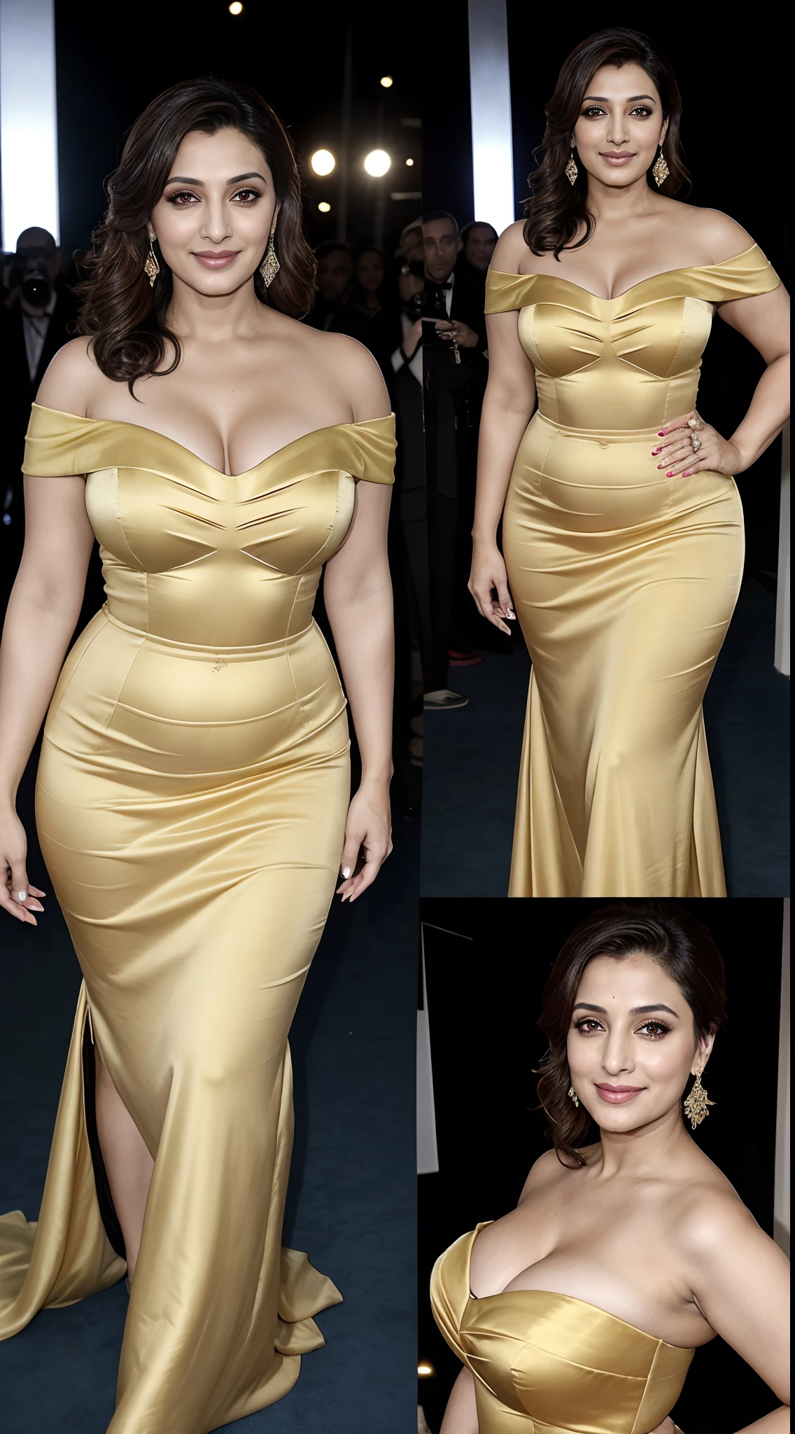 Sonali Bendre as fashion show, athletic curvy milf body, yellow off-shoulder strapless satin gown, extreme deep cut neckline, exposing massive cleavage, thigh high boots, posing in cannes red carpet, sunny day scene, hourglass figure, big breasts, seductive face, erotic expression, look at a camera and smile, high ponytail hair, erotic adult face, 42 yo, bright lights, intricate details, (ArtStation:1.2)