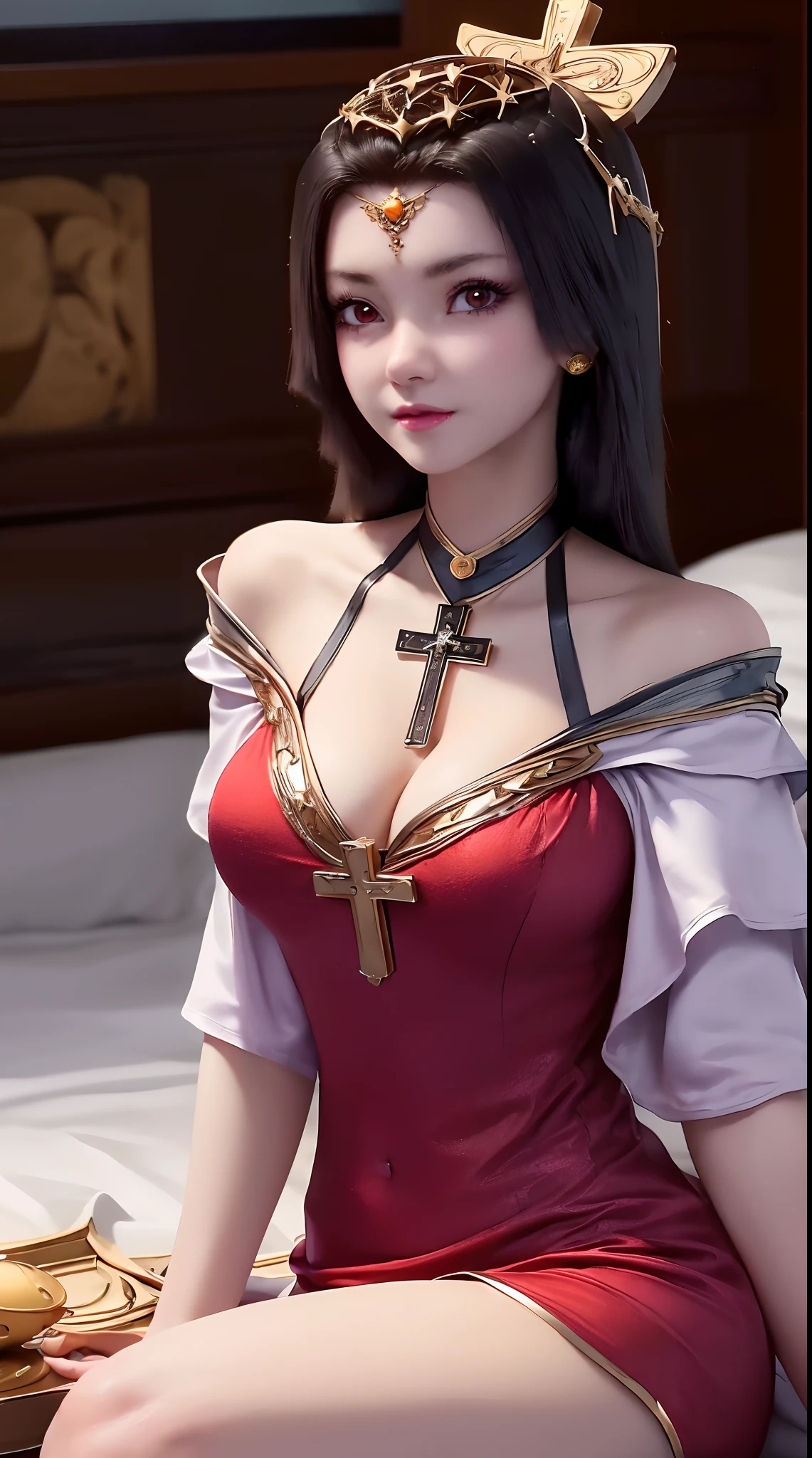 1 extremely beautiful princess, ((wearing a super thin and sexy red short nightgown:1.8)), ((Sexy nightgown with cleavage revealing:1.6)), sexy red lace short nightgown, sexy nightgown style, long shiny black hair, the most beautiful and detailed hair jewelry, beautiful little face thin eyebrows, the most beautiful and spotless face, ((black iris:0.8)), the very beautiful eyes, big round eyes, ((Brown eyes:1.1)), fine and detailed makeup eyelashes, high nose, wearing earrings, wearing gold necklace, small red lips, rosy face, clean face, beautiful face without blemish, smooth white skin, ((big breasts: 0.9)), Blums boobs, ((big and super round breasts:0.9)), ((super tight breasts:1.2)), ((breast augmentation: 0.8)), beautiful breasts, slim and petite body, ((thin waist: 0.9)), upper body of a beautiful girl, sexy girl, ((Sexy position of crawling on the bed:1.6)), ((cross-legged sitting position on the bed:1.7)), ((legs extended to the sides: 1.6)), unashamed, ((chubby body:1.6)), facing the viewer, 8k photo, super high quality, super realistic, 10x super pixels, photo realistic, dark studio, border light, two tone light, (detailed skin high: 1.2), 8k uhd, dslr, soft light, high quality, volumetric light, candid, Photo, high resolution, light, best photo, 4k quality, 8k, Bokeh, Smooth and sharp, pixel up 10 times, lightning, super graphics, the most realistic graphics, (((Luxurious bedroom and bed background: 1.6))), there is only 1 girl, alone, solo, ((frontal portrait:1.5)), Extremely sharp, super realistic images."