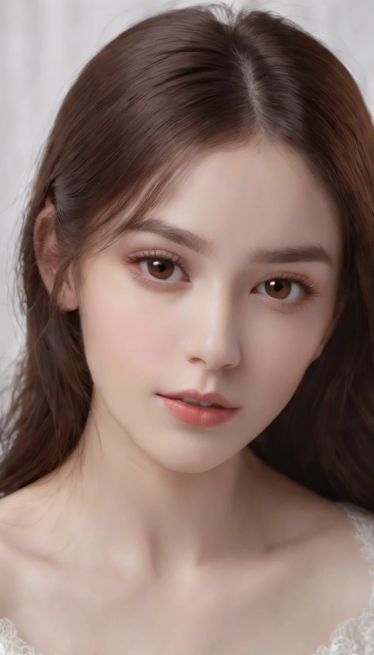 Masterpiece,Best quality,(Photorealistic:1.3),Ultra detailed,Beautiful,romanticism lain,1girll,Small face,Pale skin,((Brown eyes)),Black long hair,(White background:1.4),Ray tracing,