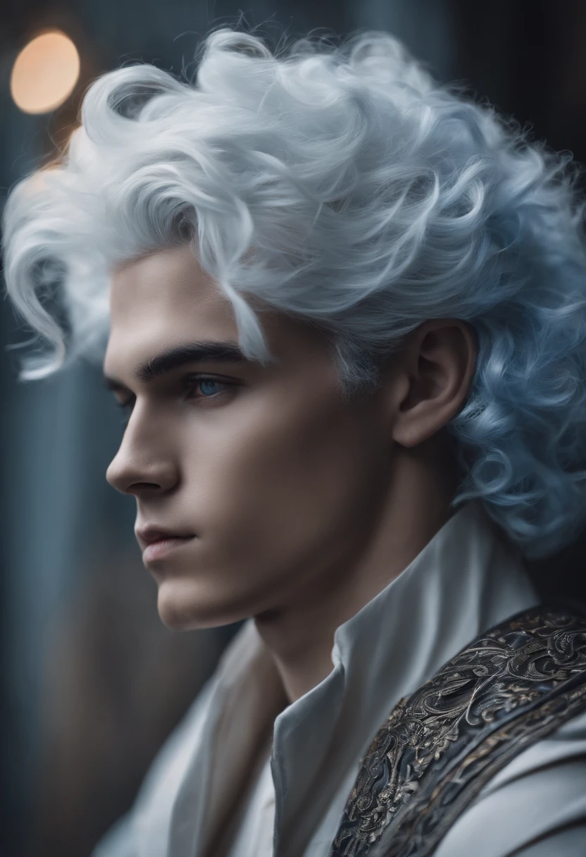 A photo of a young,He has blue skin and curly white hair,The sides faded
