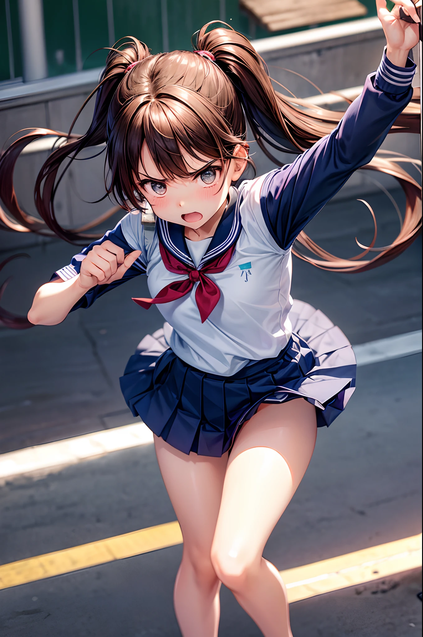 hi-school girl、、summer clothing、、angry looking face、Very cute、pony tail hairstyle、Brown hair、gals、Gymnasium、I want to blush、Turning Pripan、Skirt flipping、Raise the skirt、Uniform takes off、Takushi、get angry、Staring at this、Twisting the skirt、m-legs,Open your clothes,Revealing clothes,