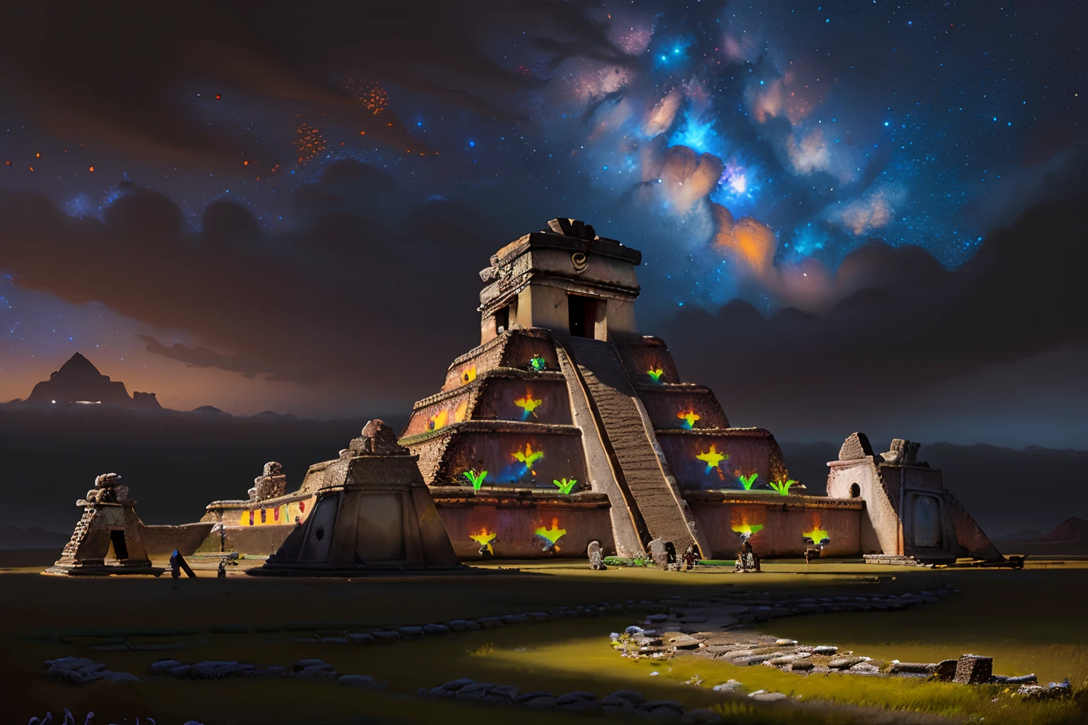 (landmark is aztec ruin of intricate detail illustration:1.4), (thick coating:1.3), oil paint with bold and vivid color, addition water color coating, golden hour, sharp delicate drawing, (intricate details:1.3), ultra real, (ultra quality:1.3), (extremely details:1.3), (best quality:1.3), (impeccable quality:1.2), (tonal contrast:1.1), ultra quality, gland level shot, tachism, amazing background detail, (all captured in sharp focus:1.1), (rendered in stunning 32k resolution, beautiful detailed glow:1.1), soft stroke painting on palette knife drawing, mysterious with sacred atmosphere, (matte painting:2), (fused large sky of mysterious atmosphere and galaxy and crayon paint:1.2), (crisp clarity that is unmatched:1.1),