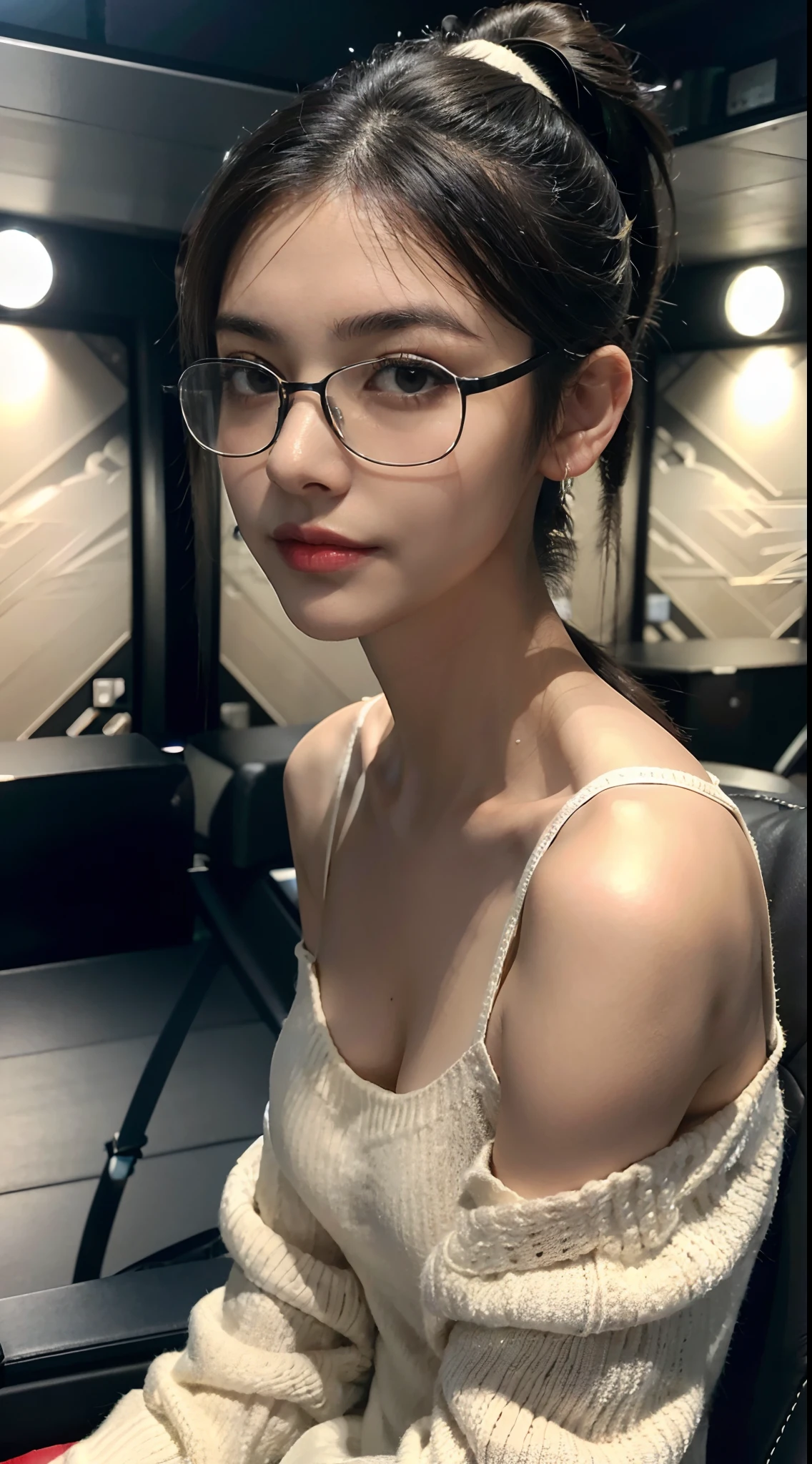 (((best quality))),(((ultra detailed))),(((masterpiece))),illustration,((1 beautiful girl,solo)),((slim,thin)),((small breasts,flat chest,cleavage)),futuristic laboratory, ((stylish glasses,detailed eyes)), intelligence, white lab coat,(short ponytail:1.2), flawless skin,(laughing:1.2),(stockings:1.3), cyberpunk vibe, high-tech equipment, darkened lighting, high-altitude lamps, beakers, flasks, test tubes, computer screens, consoles, terminals, scientific wonderland, desolate surroundings, time warp, motionless, deep in concentration, profound scientific mystery, secrets of the universe, beauty, poignancy, essence of science, mystery, alluring appeal, captivating, enchanting