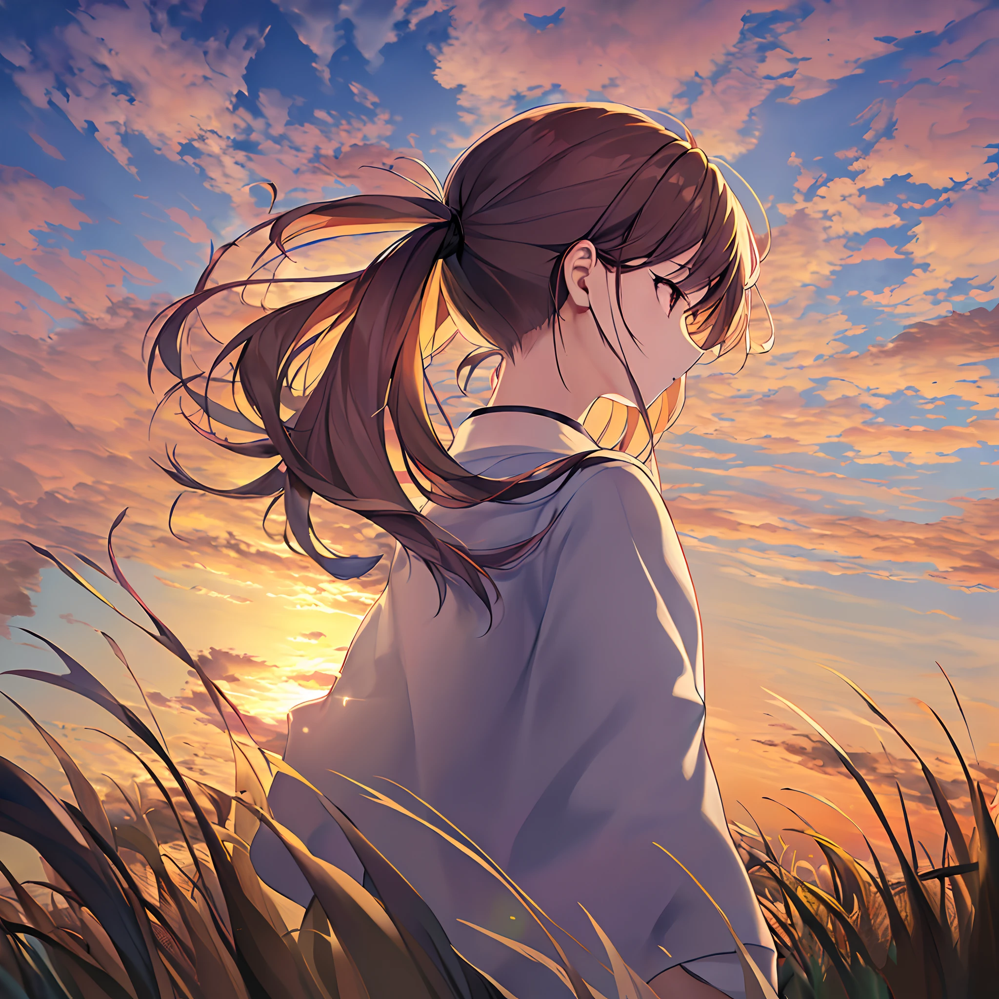 (((​masterpiece))), (((top-quality))), (((The ultra -The high-definition))), (((high resolution))), (((8K))), (((transcendent technique illustration))), 1girl, (autumnal sunset:1.2), evening glow, grass field, from behind, (panorama:1.2), (look up sky:1.2), (looking away:1.4)