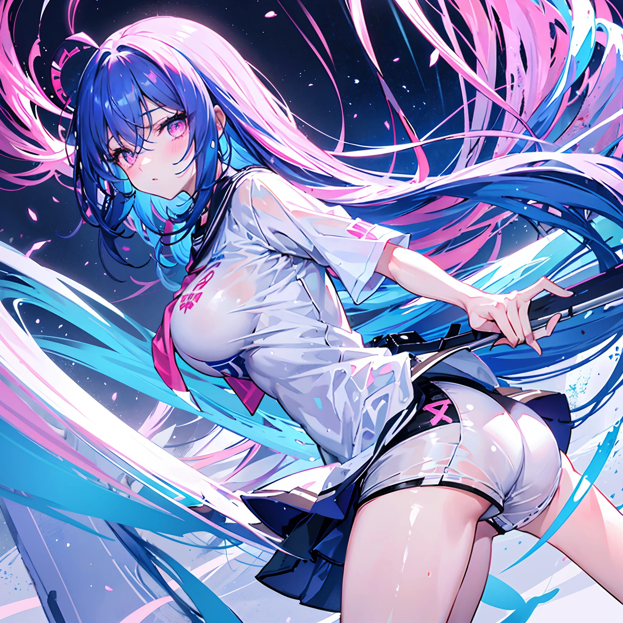 Blue radiates long hair，Pink eyes，Loving pupils，girl，huge tit，White sports shorts，white short sleeve，Clothes drenched in sweat，Stand a word horse，