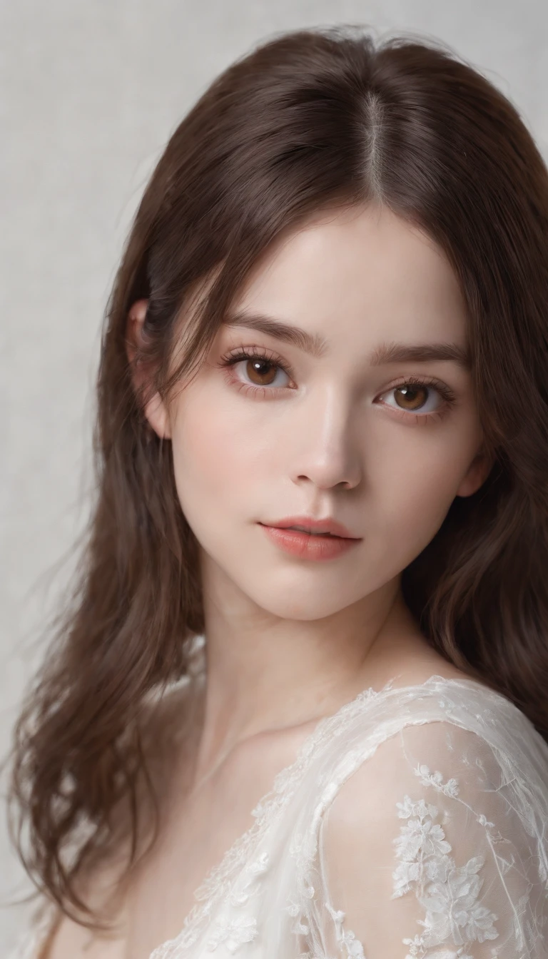 Masterpiece,Best quality,(Photorealistic:1.3),Ultra detailed,Beautiful,romanticism lain,1girll,Small face,Pale skin,((Brown eyes)),Black long hair,(White background:1.4),Ray tracing,