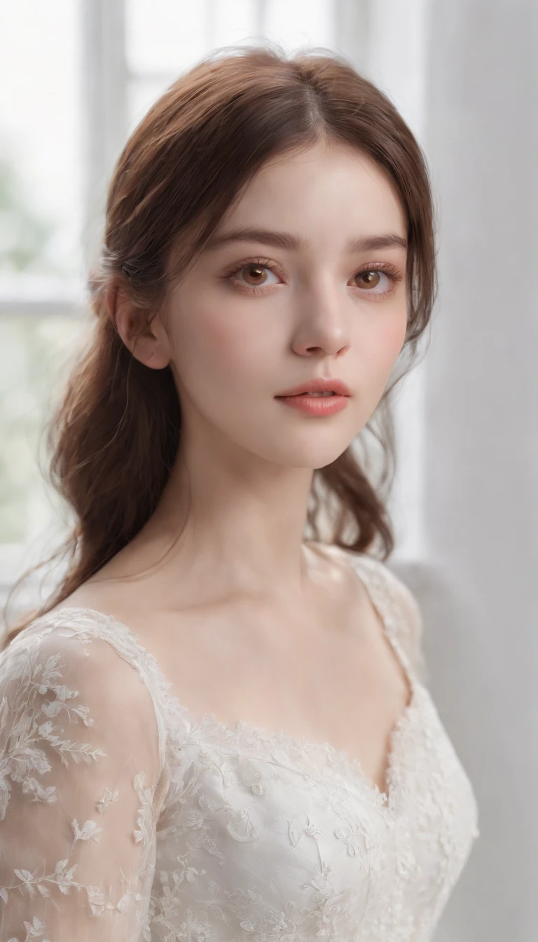 Masterpiece,Best quality,(Photorealistic:1.3),Ultra detailed,Beautiful,romanticism lain,1girll,Small face,Pale skin,((Brown eyes)),Black long hair,(White background:1.4),Ray tracing,