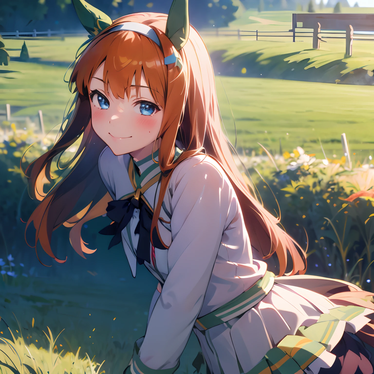 masterpiece, 8k wallpaper, best quality, 1girl, SilenceSizuka, smile, blush, looking at the viewer, grass, closed mouth,  silence_suzuka_\(umamusume\),