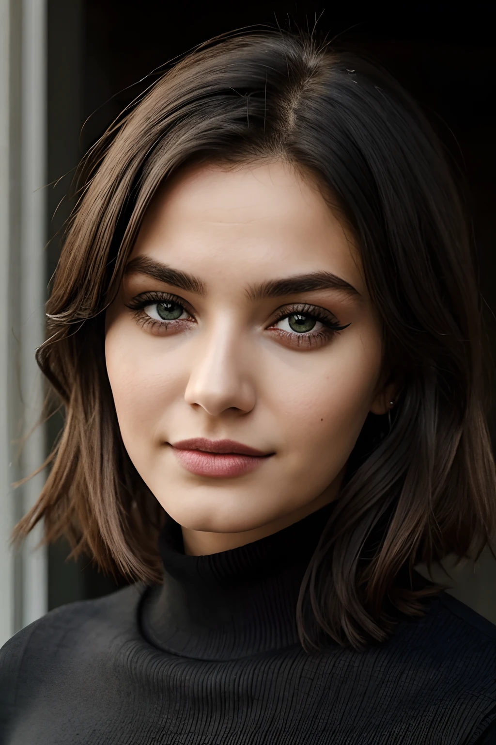 1Girl 19 years old, nur, Lange Haare, medium boobs, Blick auf den Betrachter, black Haar, nackte Schultern, braune Augen, Schmuck, full entire body, Halskette, schulterfrei, Pullover, Lippen, realistisch, Nase, Flirten mit der Kamera, left eye green, right eye black
