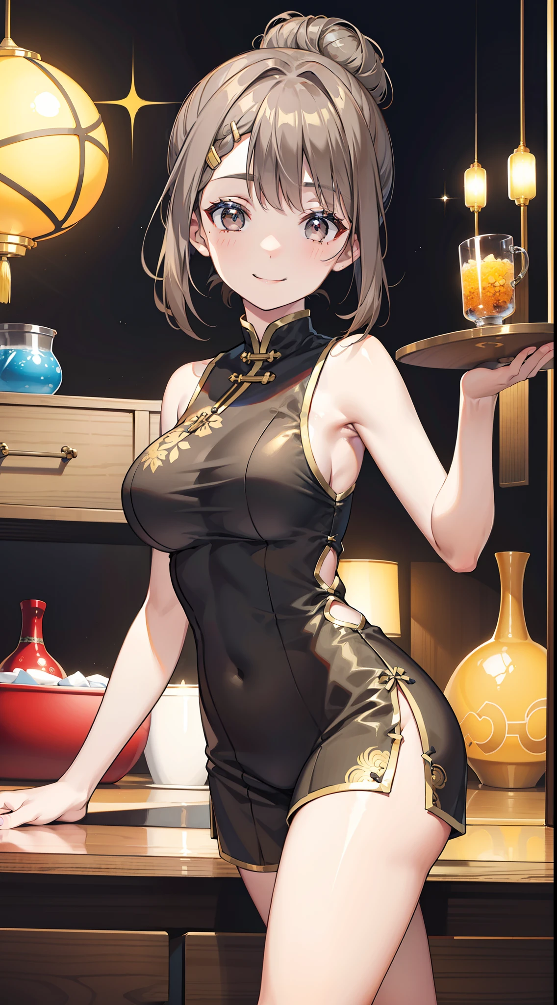 (Best Quality、in 8K、32K、masutepiece、ultra-detailliert、超A high resolution、Impresionismo、Photorealsitic:1.2)、Dynamic lighting、dynamic shot、Detailed 3D rendering、Moody lighting、Detailed beautiful face and eyes、A slender、Medium bust、Full body、 Highly detailed background、Chinese Restaurant、Carry dishes、beauitful face、blurry backround、20-year-old beauty、super detailed skin、Black hair、short-hair、Double bun、Blue eyes、Red cheongsam with gold thread embroidery、Wearing high heels、Floral hair ornament、miscievous smile、(thighs thighs thighs thighs:0.9)、dynamicposes、
