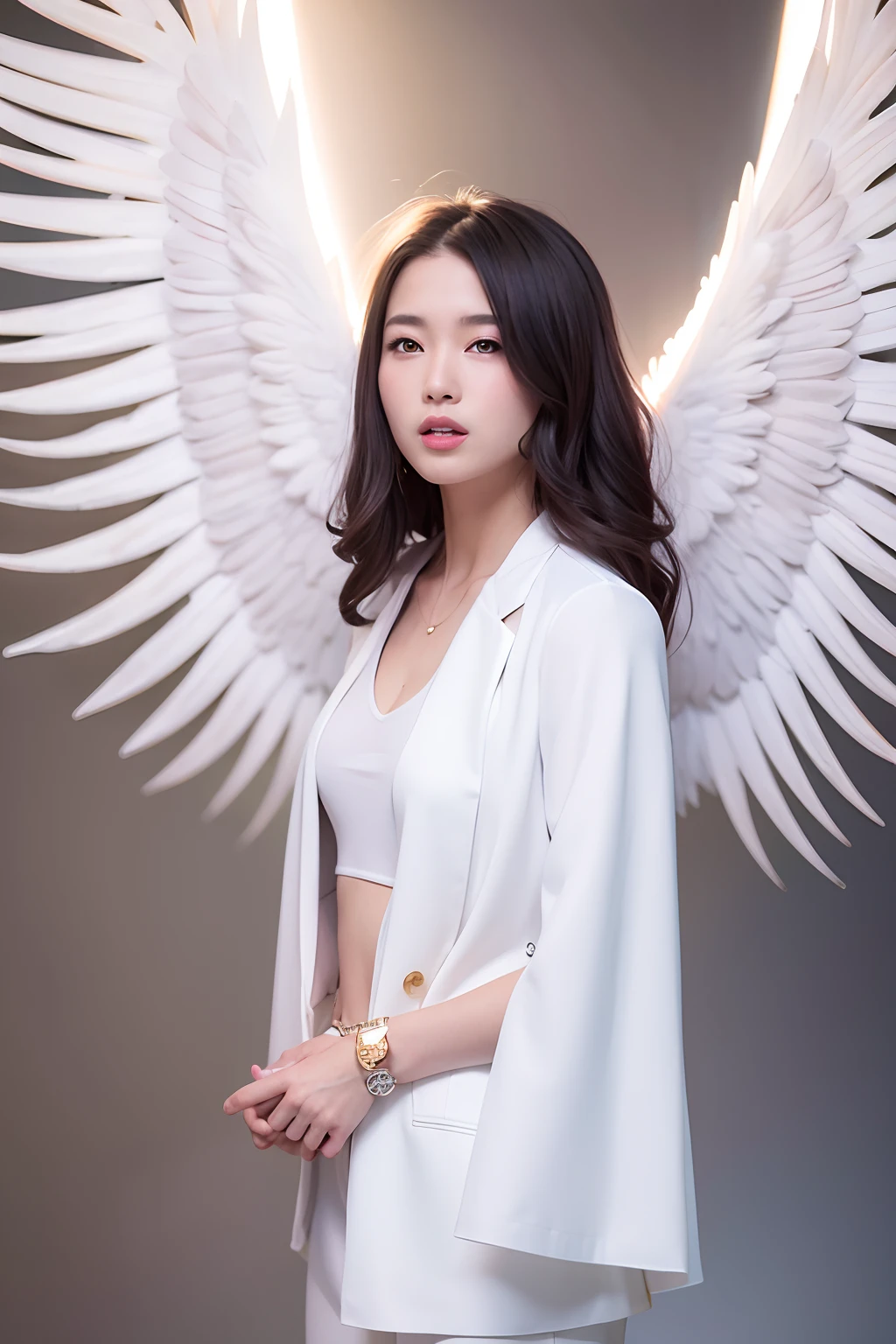 arafed woman in white jacket and white pants angel wings posing for a picture, li zixin, wenfei ye, xision wu, pengzhen zhang, xintong chen, angel , wings, xianxia, louise zhang, chengyou liu, wings, lei min, jinyiwei, lu ji, portrait of christy ren, qifeng lin, xue han, full body xianxia