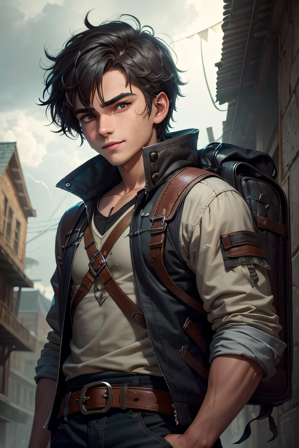 A gloomy town shrouded in shadows. Lysander Stormborne,A young protagonist with a rugged charm and piercing eyes that reflect determination, Lysander Stormborne carries an air of quiet strength. His tousled, dark hair frames a face marked by the passage of trials, yet his smile holds a glimmer of hope. Clad in worn but meticulously kept attire, he exudes resilience and determination, embodying the spirit of someone who has weathered storms and emerged stronger. , determined eyes and a backpack, a young dreamer, appears disheartened
