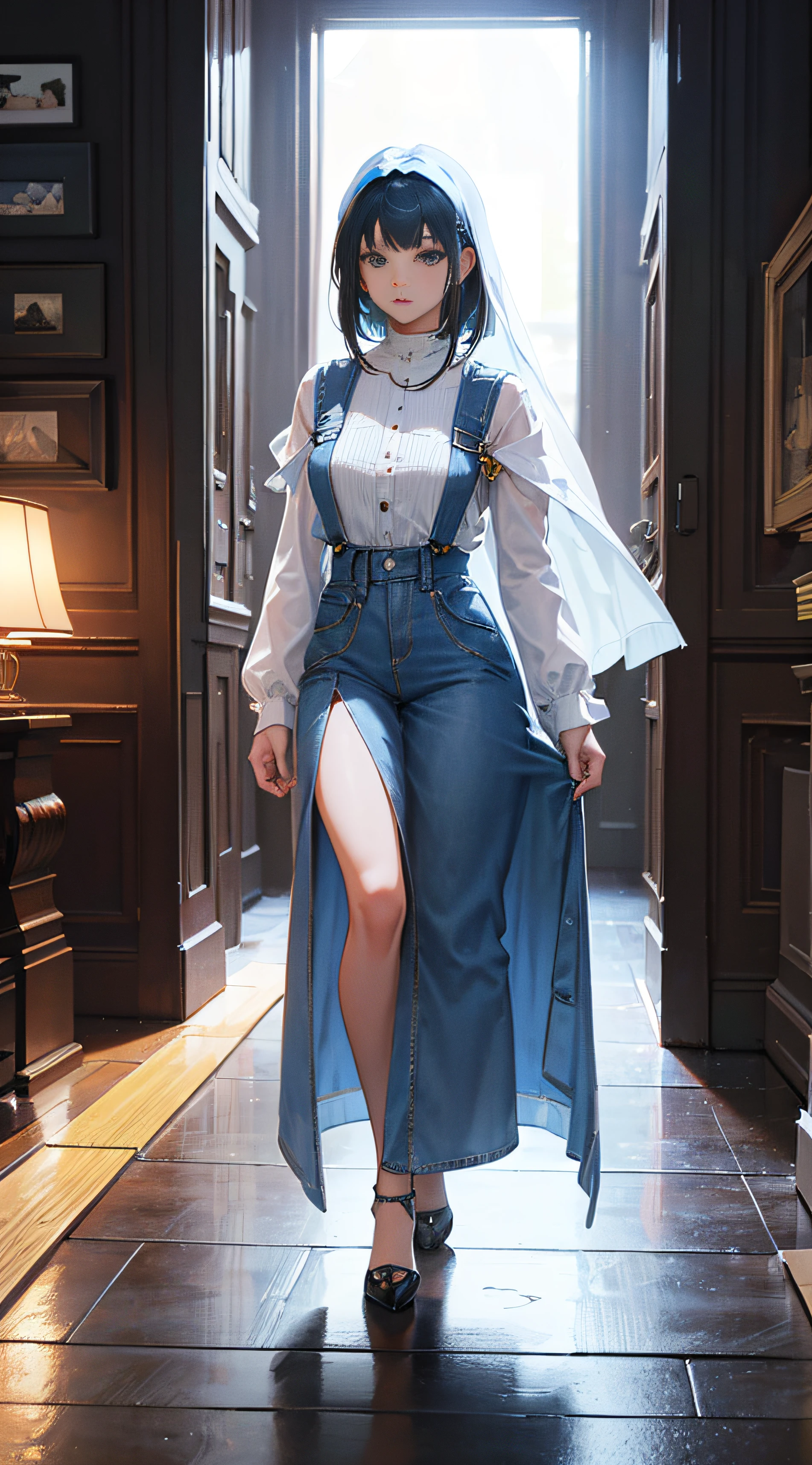 human eye perspective, Denim Lens, (RAW photo, 4k, masterpiece, high resolution, extremely complex), cinematic lighting, 1 Girl , (topaz blue hair: 1.2), cinematic standing full body pose, nun outfit