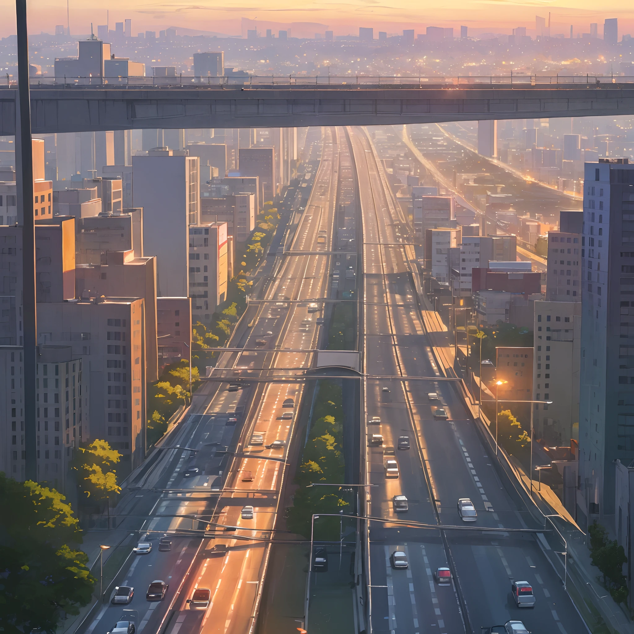 Sunset in the city、There is a lot of traffic on the flyover