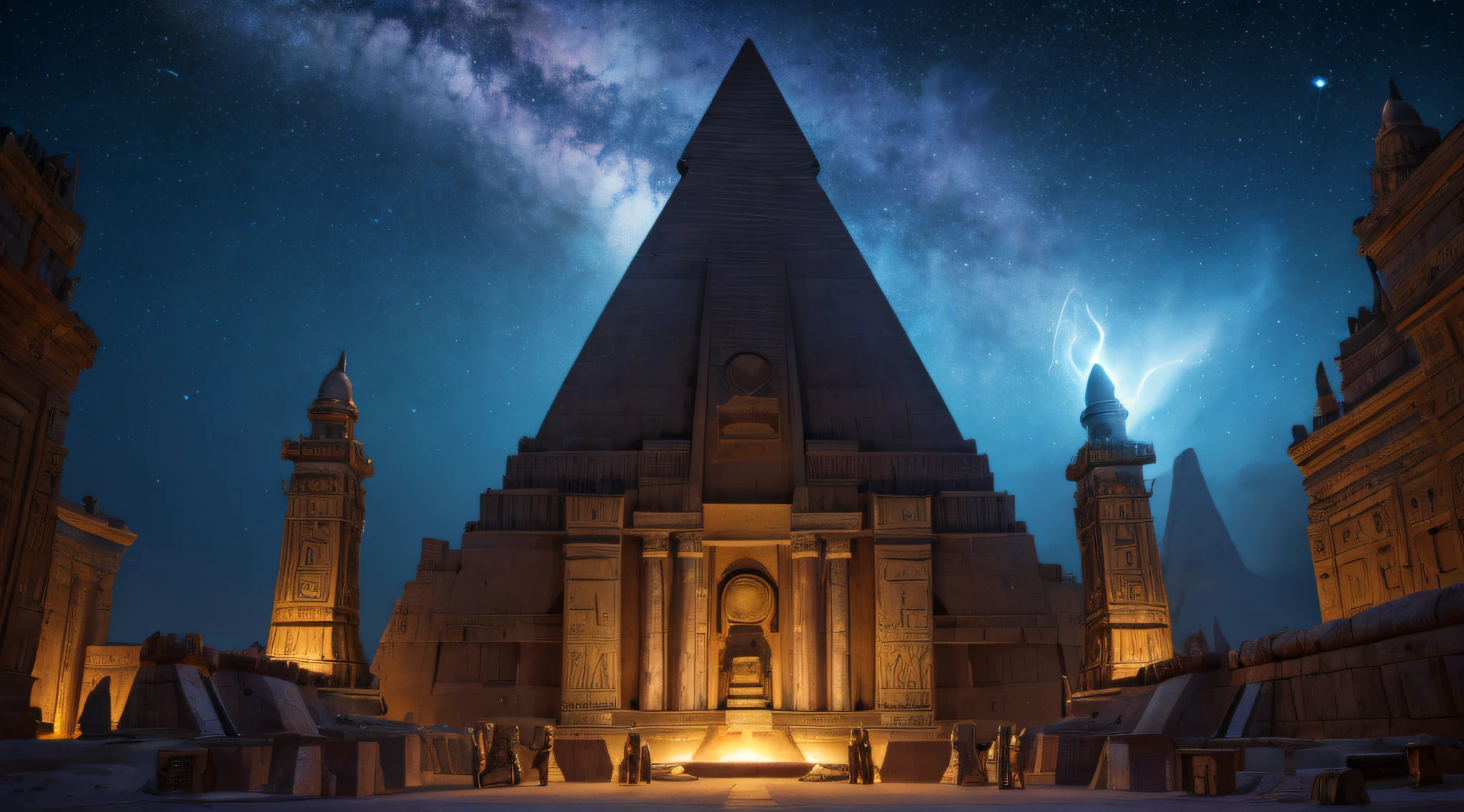 (best quality,highres:1.2),ultra-detailed,realistic:1.37,ancient alien-guided construction project,humans working,extraterrestrial beings,monumental structures,[Great Pyramid of Giza],advanced technology,cosmic energy,mysterious,awe-inspiring,massive,imposing,precise engineering,harmony,seamlessly blended,collaboration,unearthly environment,star-lit sky,aliens in elaborate outfits,advanced tools,hovering spacecraft,interstellar connection,alien hieroglyphics,detailed carvings,ancient artifacts,shimmering lights,powerful energy source+,- [enigmatic symbols],mystical aura,otherworldly atmosphere