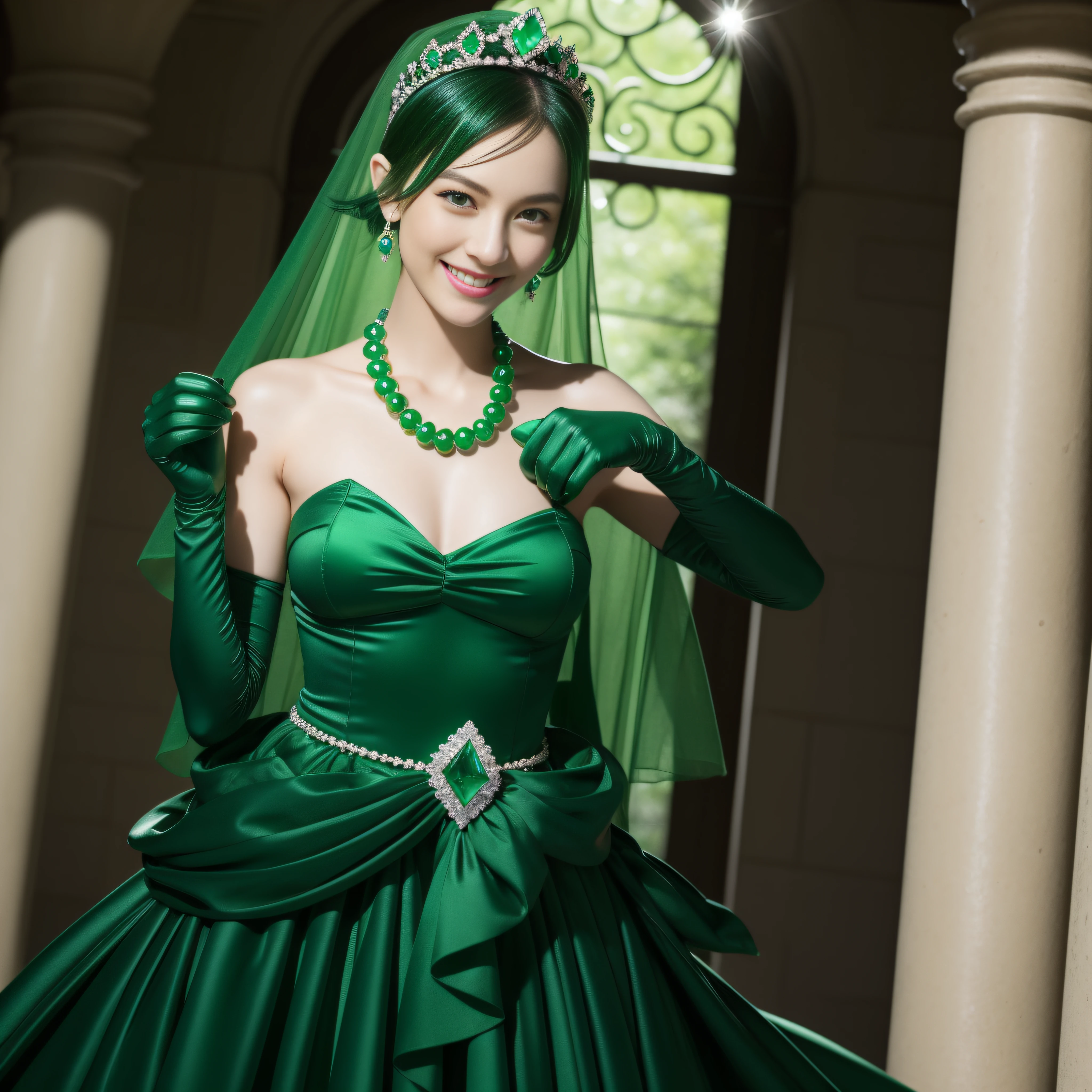 emerald tiara, Green Pearl Necklace, Boyish very short black hair, lipsticks, Japan woman smiling, very short short hair, big breasts beautiful, Green eyes, Long green gloves made of satin material, Green eyes, Emerald Earrings