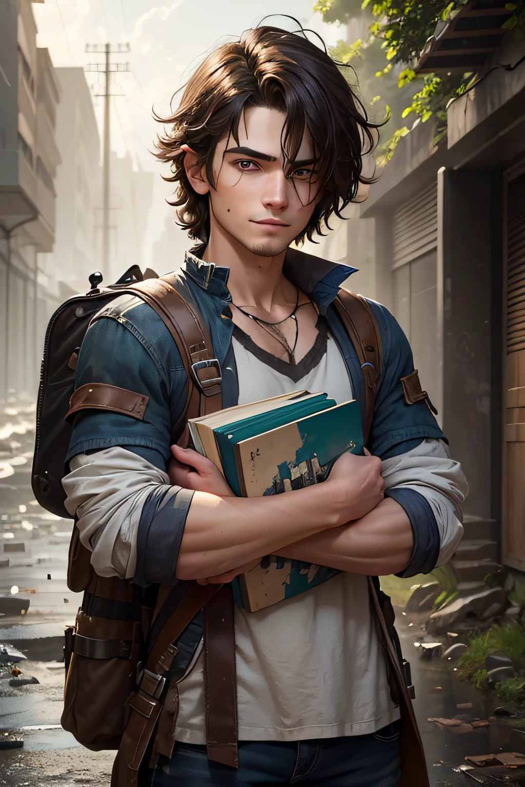 A young protagonist ,with a rugged charm and piercing eyes that reflect determination, Lysander Stormborne carries an air of quiet strength. His tousled, dark hair frames a face marked by the passage of trials, yet his smile holds a glimmer of hope. Clad in worn but meticulously kept attire, he exudes resilience and determination, embodying the spirit of someone who has weathered storms and emerged stronger. , determined eyes and a backpack ,facing anime-like challenges - a shattered painting symbolizing lost creativity, a wilted flower representing lost hope, and a locked book representing forgotten dreams.