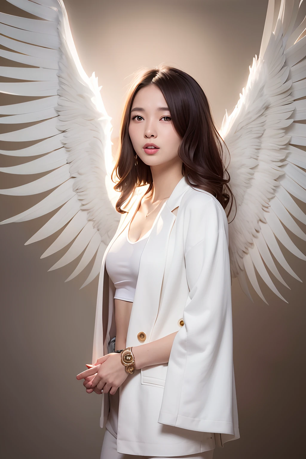 arafed woman smiling in white jacket and large breasts showing, white pants angel wings posing for a picture, li zixin, wenfei ye, xision wu, pengzhen zhang, xintong chen, angel , wings, xianxia, louise zhang, chengyou liu, wings, lei min, jinyiwei, lu ji, portrait of christy ren, qifeng lin, xue han, full body xianxia