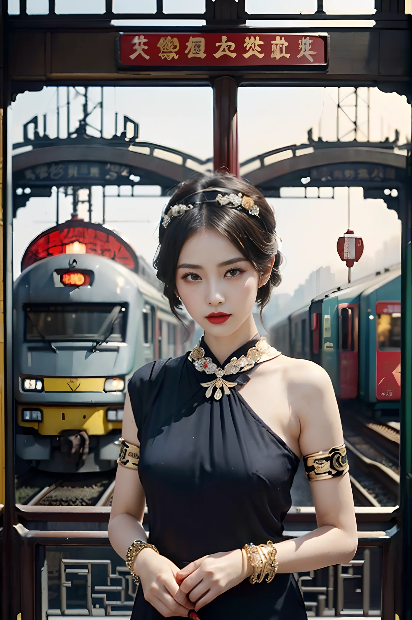 A movie poster，An old-fashioned steam train approached the tracks in the fog,masterpiece,Perfect drawing,Two beautiful girls, Lovers, lesbians,(in the railway station 1920's Shanghai,retro train background:1.6),(Geisha hairstyle,Geisha hairstick:1.6,Geisha hair ornament,armlets, bangle:1.3)