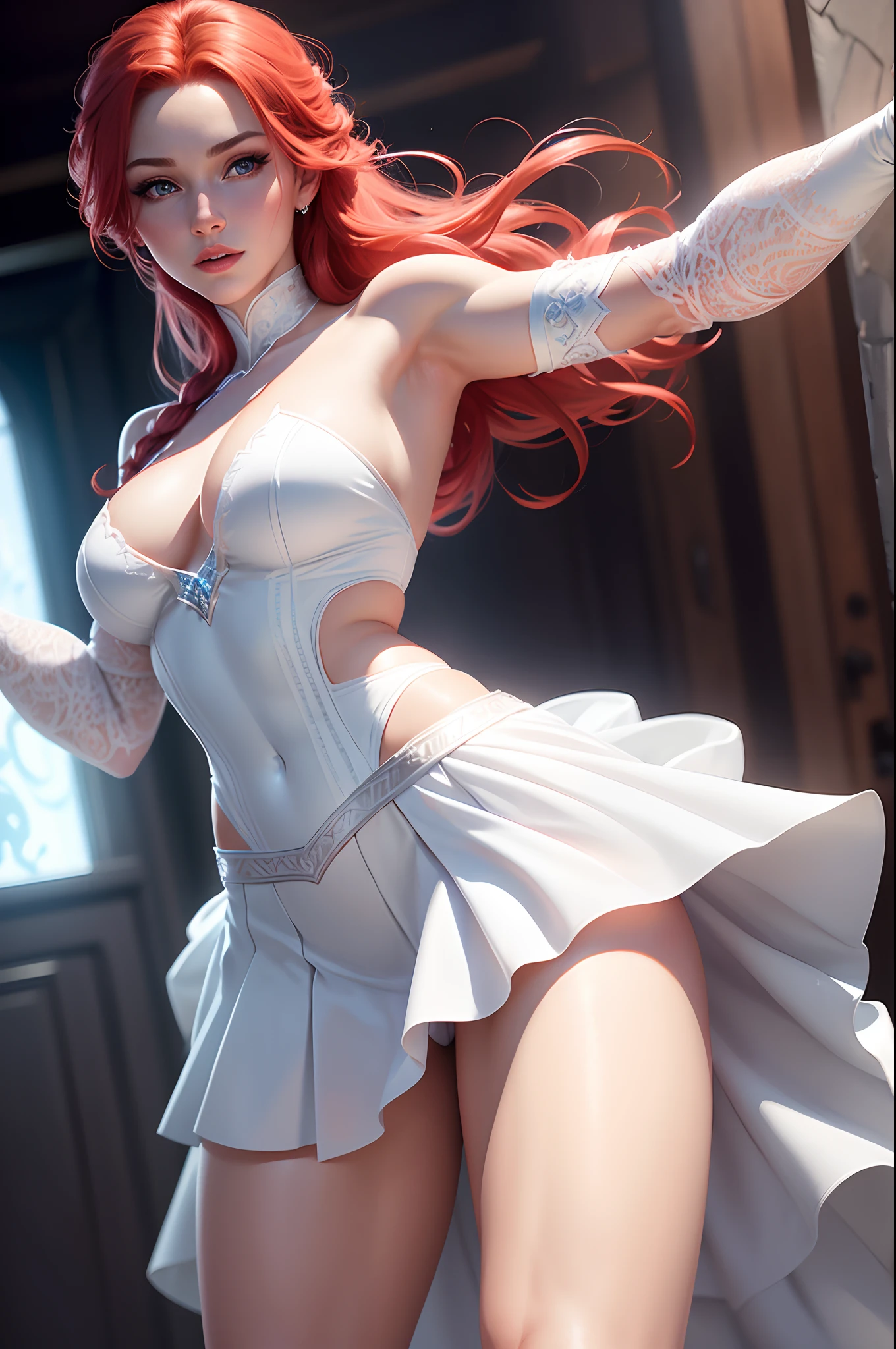 realistic elsa, with sexy skirt, white sexy skirt, red hair, dancing, 8k resolution, (best quality: 1.1), (anatomically correct: 1.1), (perfect hand: 1.1 ), ( (Facial Detail: 1.3)), (Skin Detail), (Perfect Eyes), (Perfect Nose