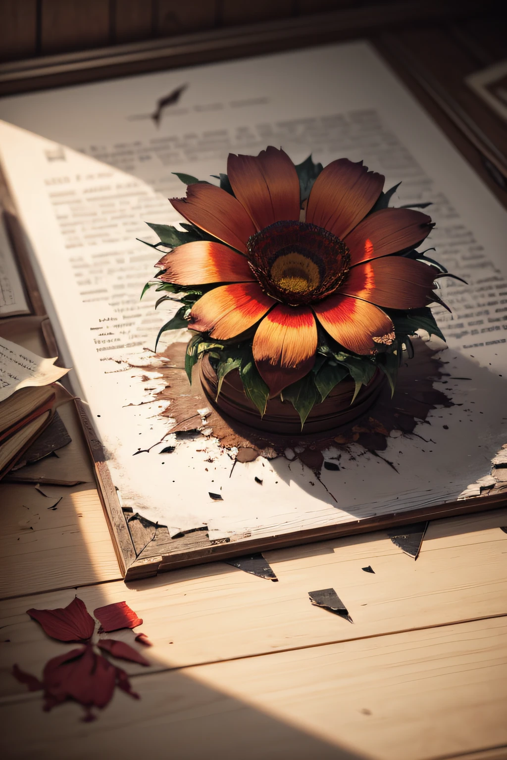 a shattered painting symbolizing lost creativity, a wilted flower representing lost hope, and a locked book representing forgotten dreams.
