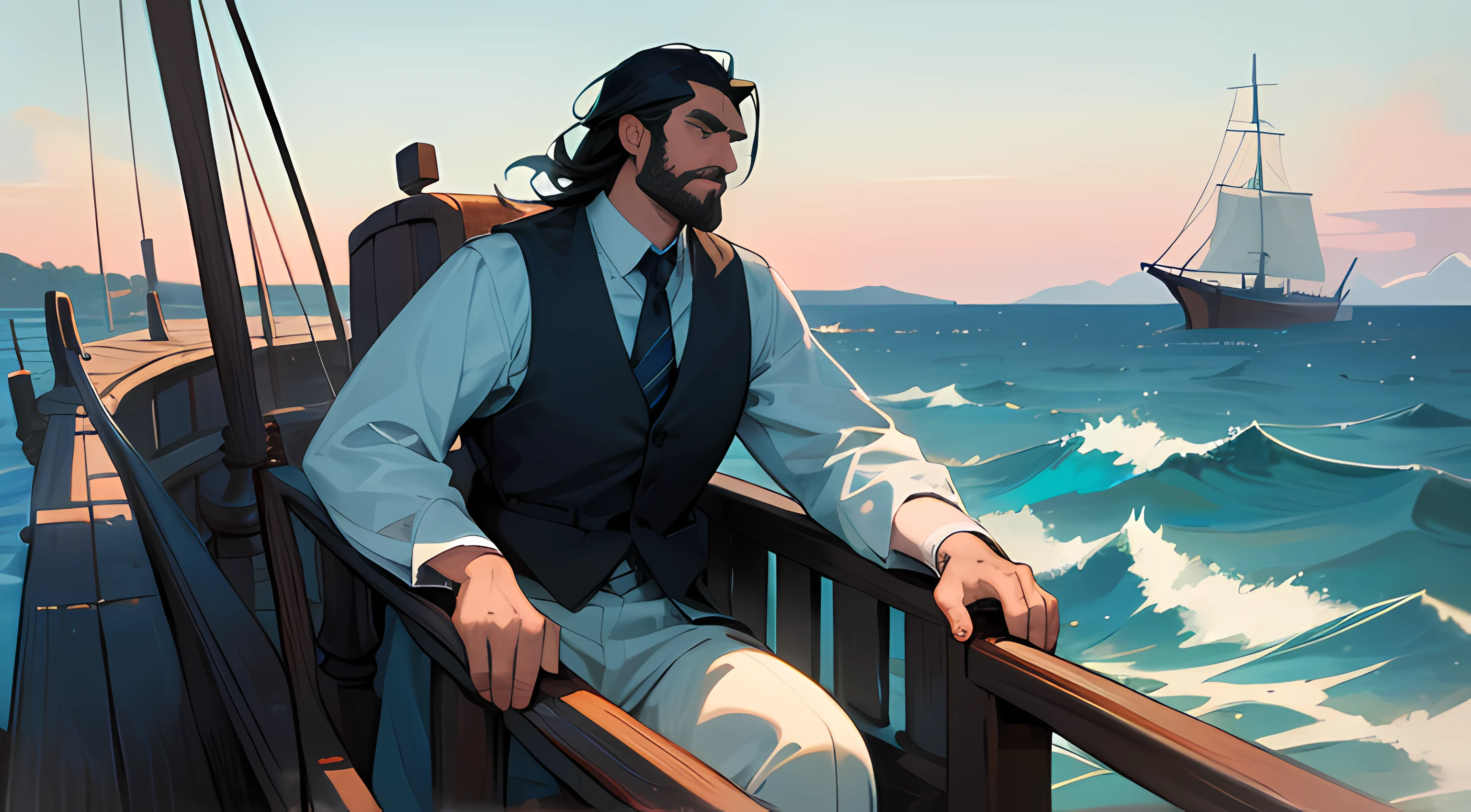(ultra-detailed,historical,seascape,large wooden ship,traditional sailboat,clear blue sky,calm ocean,gentle waves,immersive experience,rustic,masterpiece:1.2),cloud reflections on water,authentic wooden texture,sailors on the deck,warm sunset lighting,exquisite craftsmanship,vivid colors,classic maritime scene,quiet and peaceful ambiance,historical accuracy,serene atmosphere,traditional navigation equipment,breathtaking view,classic seafaring adventure,A tall man in his early forties,Be over six feet tall,Burly and athletic。He has short black hair,The hairline recedes slightly。His face is well defined,He has a thick black beard on his chin。His eyes were shining,The expression was grim,The two thick eyebrows are often locked。He wears a simple white shirt and black vest,Jacket: A dark blue uniform coat,Match the color of his eyes。Dressed neatly but without much decoration,It embodies the simplicity and diligence of his character。