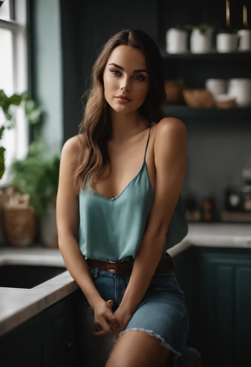 very nfws, arafed woman with a necklace, large breasts, sitting on a kitchen counter, modern kitchen, white countertop, sexy girl with green eyes, portrait sophie mudd, brown hair and large eyes, selfie of a young woman, bedroom eyes, violet myers, without makeup, natural makeup, looking directly at the camera, face with artgram, subtle makeup, stunning full body shot, piercing green eyes, beautiful angle, attractive pose, cute girl, sexy pose, full body picture, full body, full body shoot, brunette goddess, high detail, satisfied pose, wearing only a blue bucket hat
