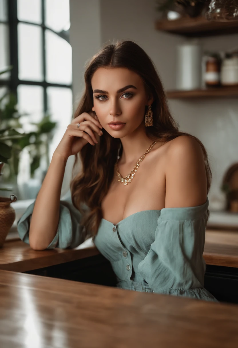 very nfws, arafed woman  with a necklace, large breasts, sitting on a kitchen counter, modern kitchen, white countertop, sexy girl with green eyes, portrait sophie mudd, brown hair and large eyes, selfie of a young woman, bedroom eyes, violet myers, without makeup, natural makeup, looking directly at the camera, face with artgram, subtle makeup, stunning full body shot, piercing green eyes, beautiful angle, attractive pose, cute girl, sexy pose, full body picture, full body, full body shoot, brunette goddess, high detail, satisfied pose, wearing only a blue bucket hat