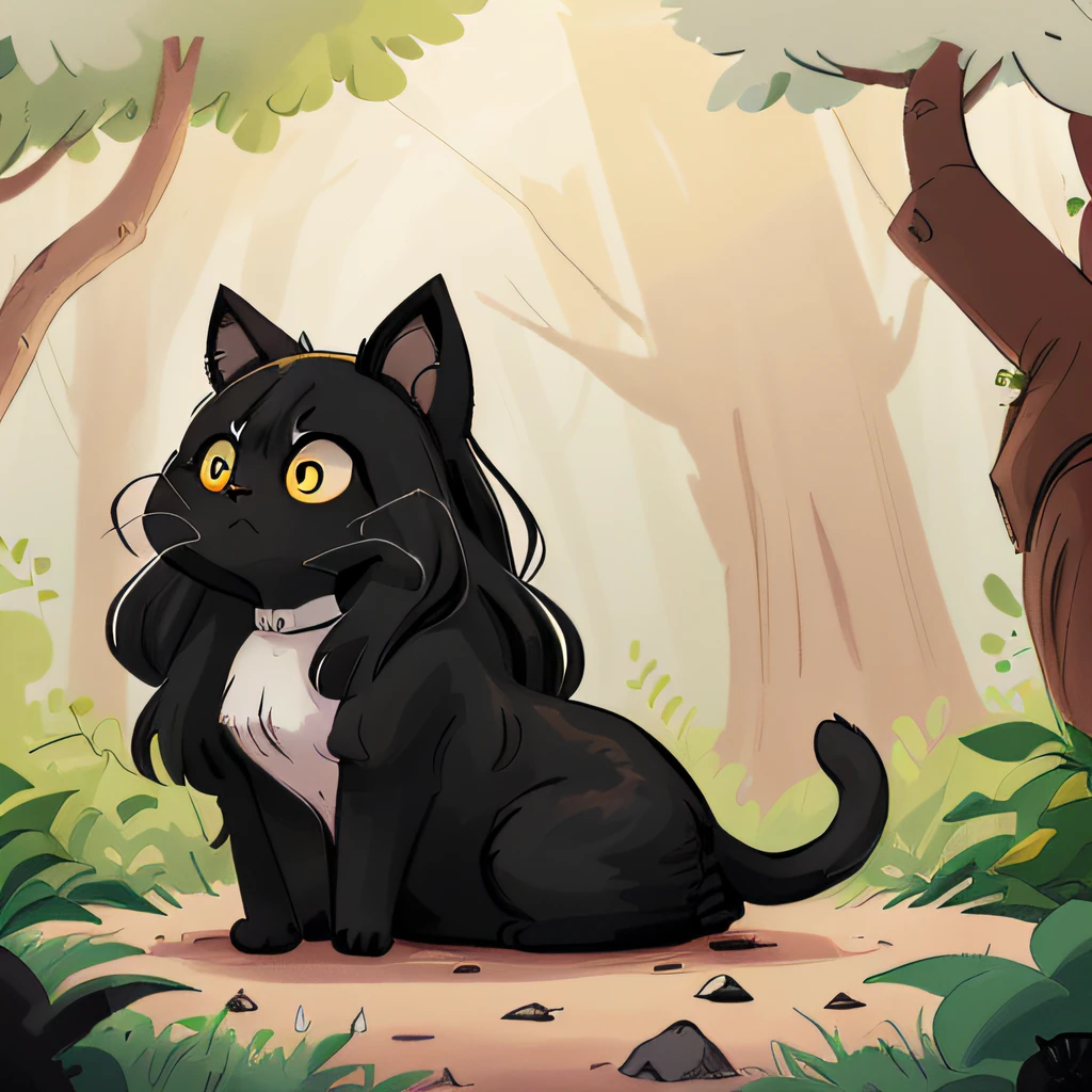 A long-haired black cat with white breast, looking curiously at the semi-arid forest, cute comic cartoon