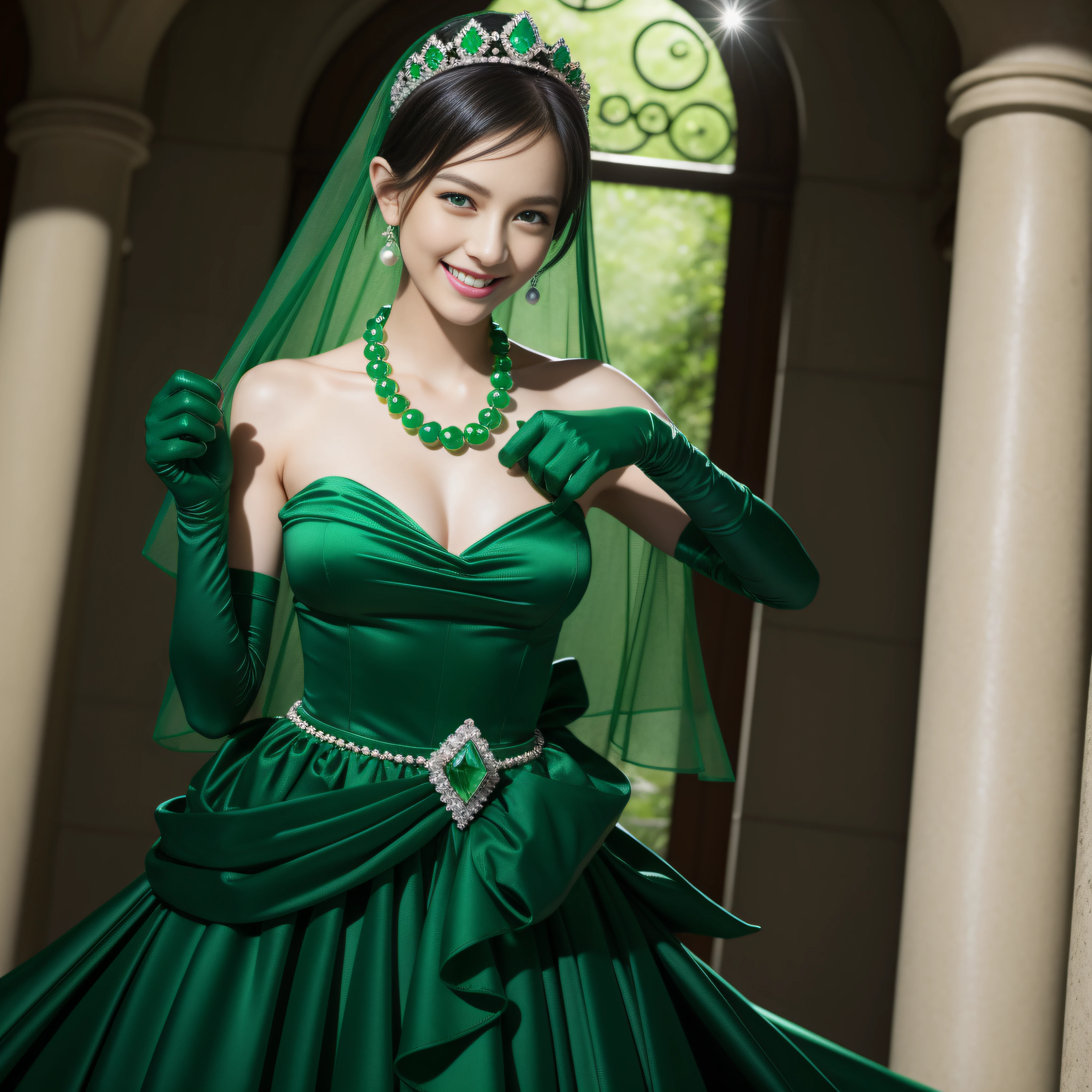 emerald tiara, Green Pearl Necklace, Boyish very short black hair, lipsticks, Japan woman smiling, very short short hair, fist, big breasts beautiful, Green eyes, Long green gloves made of satin material, Green eyes, Emerald Earrings