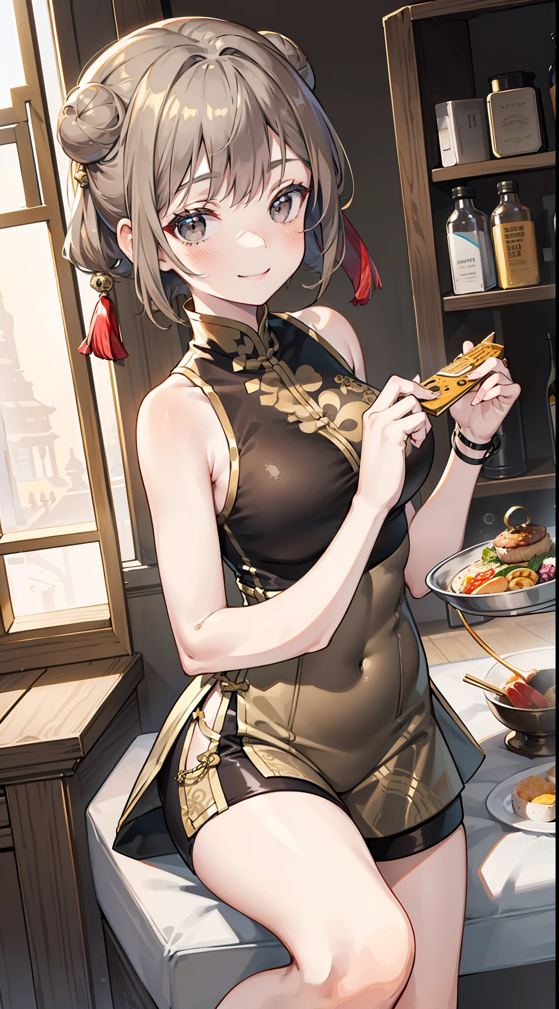 young girl, short brown hair in two buns, gray eyes, Smile, gray tight Chinese dress, Gold patterns, Sleeveless, Shorts, pantyhouse, large breasts, Needle control, Masterpiece, hiquality, 4k, HD, Good detail