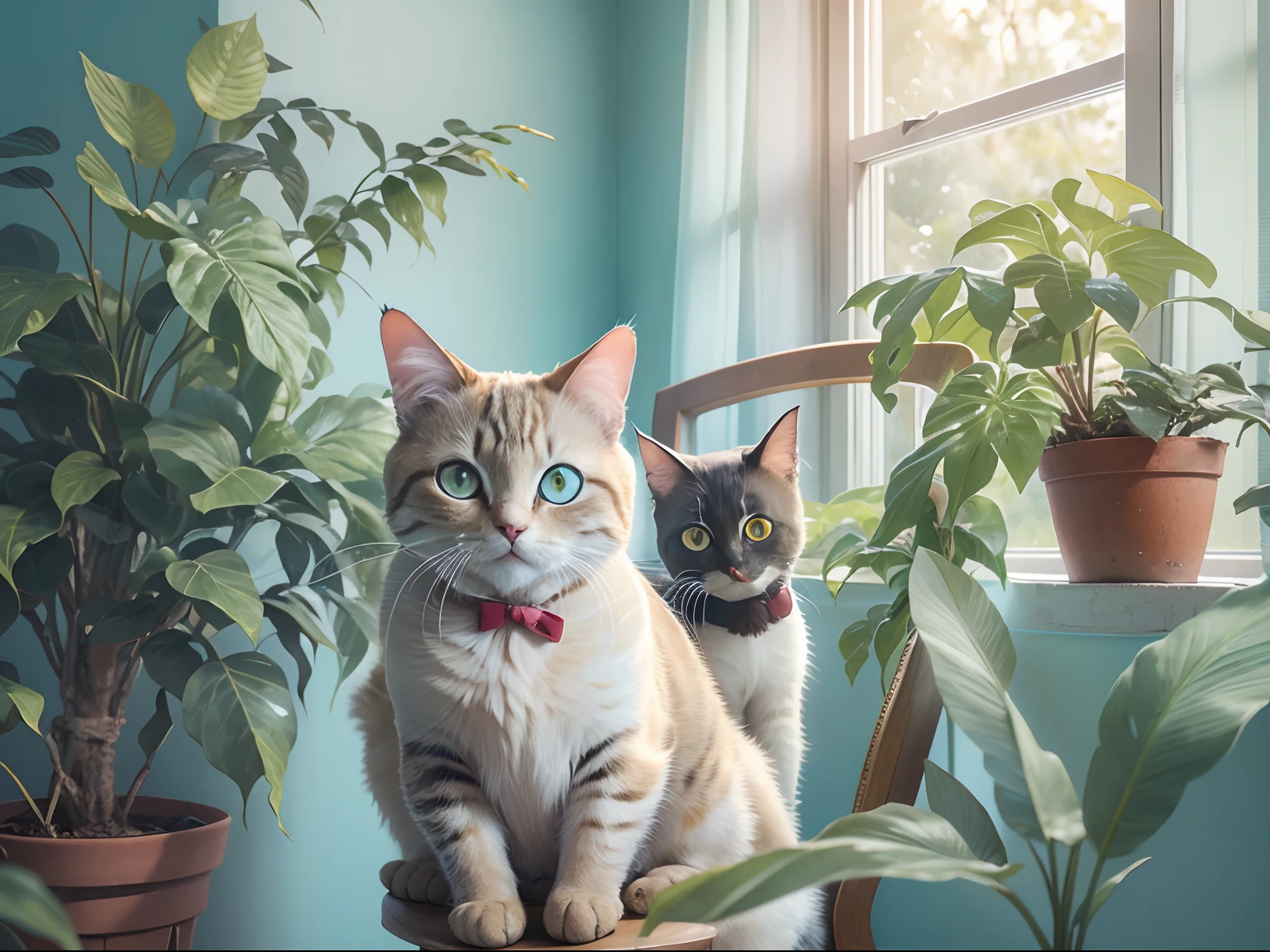 Two round-eyed cats taking photos while sitting on a chair, The background is light blue, a plant, Sunlight outside the window,