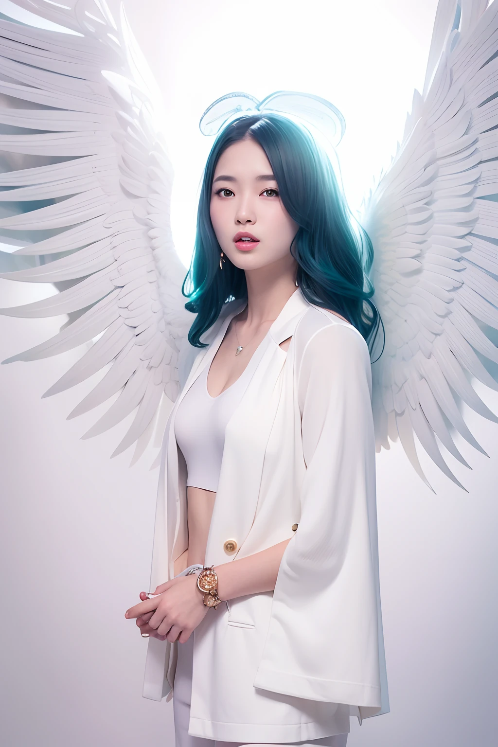 arafed woman smiling in white jacket and large breasts showing, white pants angel wings posing for a picture, li zixin, wenfei ye, naked breasts, hard pierced nipples, xision wu, pengzhen zhang, xintong chen, angel , wings, xianxia, louise zhang, chengyou liu, wings, lei min, jinyiwei, lu ji, portrait of christy ren, qifeng lin, xue han, full body xianxia