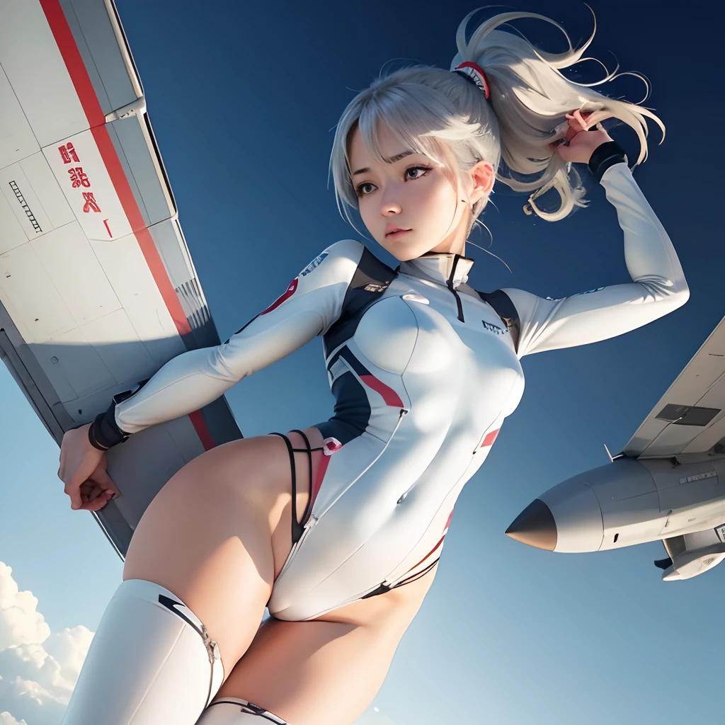 japanes、flat chest、High-leg pilot suit、The whole body can be seen from directly below、Delicate body、Silver-haired ponytail、Beautiful open legs