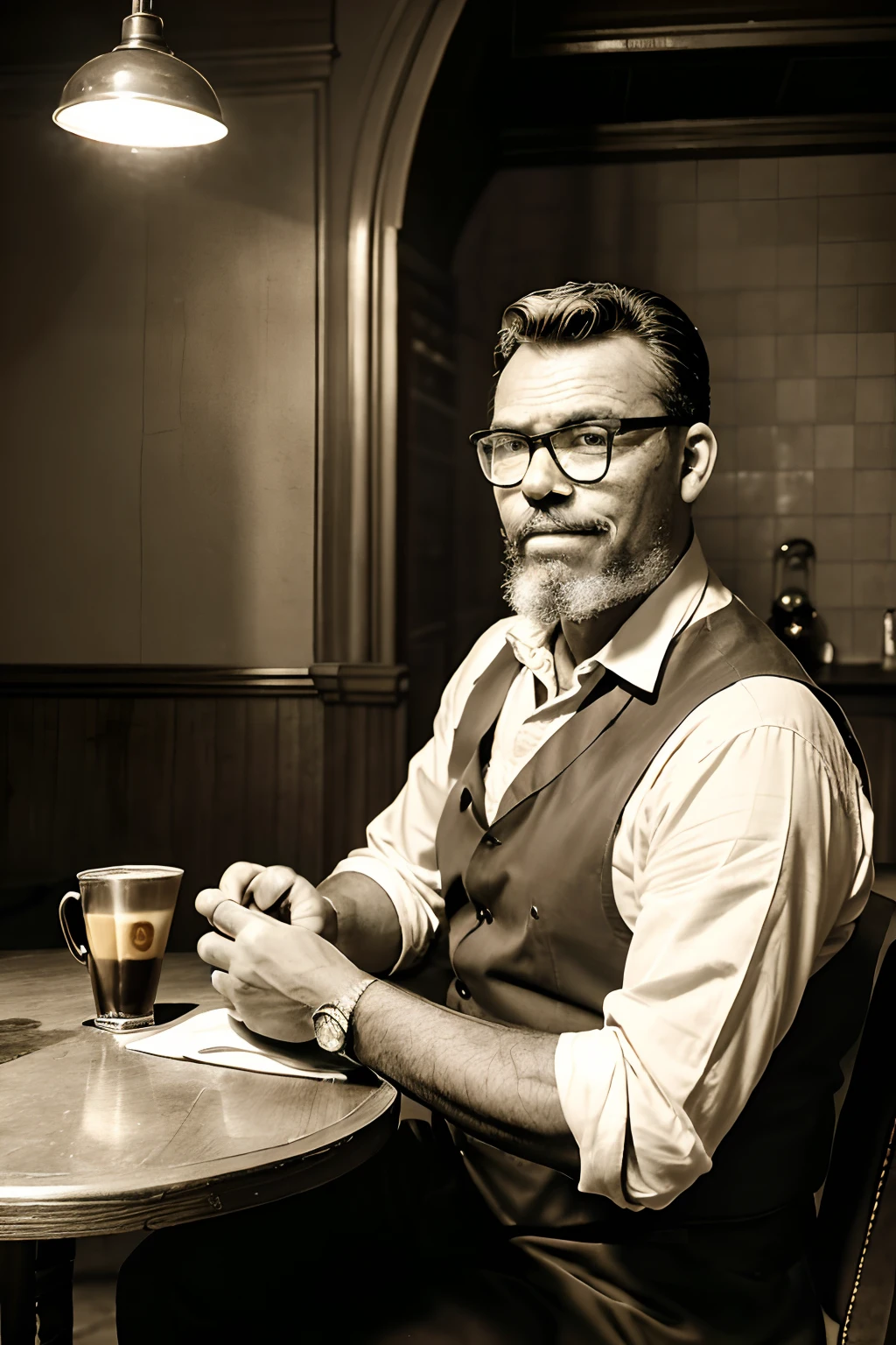 guttoepic2, Retro-style photograph of a 19th-century man with glasses sitting in a café of the era. He has a serene and contagious expression, and on his table, there's a cup of coffee and a croissant. In the background, we see an espresso coffee maker on the counter. The lighting is dim, reminiscent of the 19th century. Sepia-toned photograph. Realistic, nostalgic, and extremely detailed, with significant background blur.