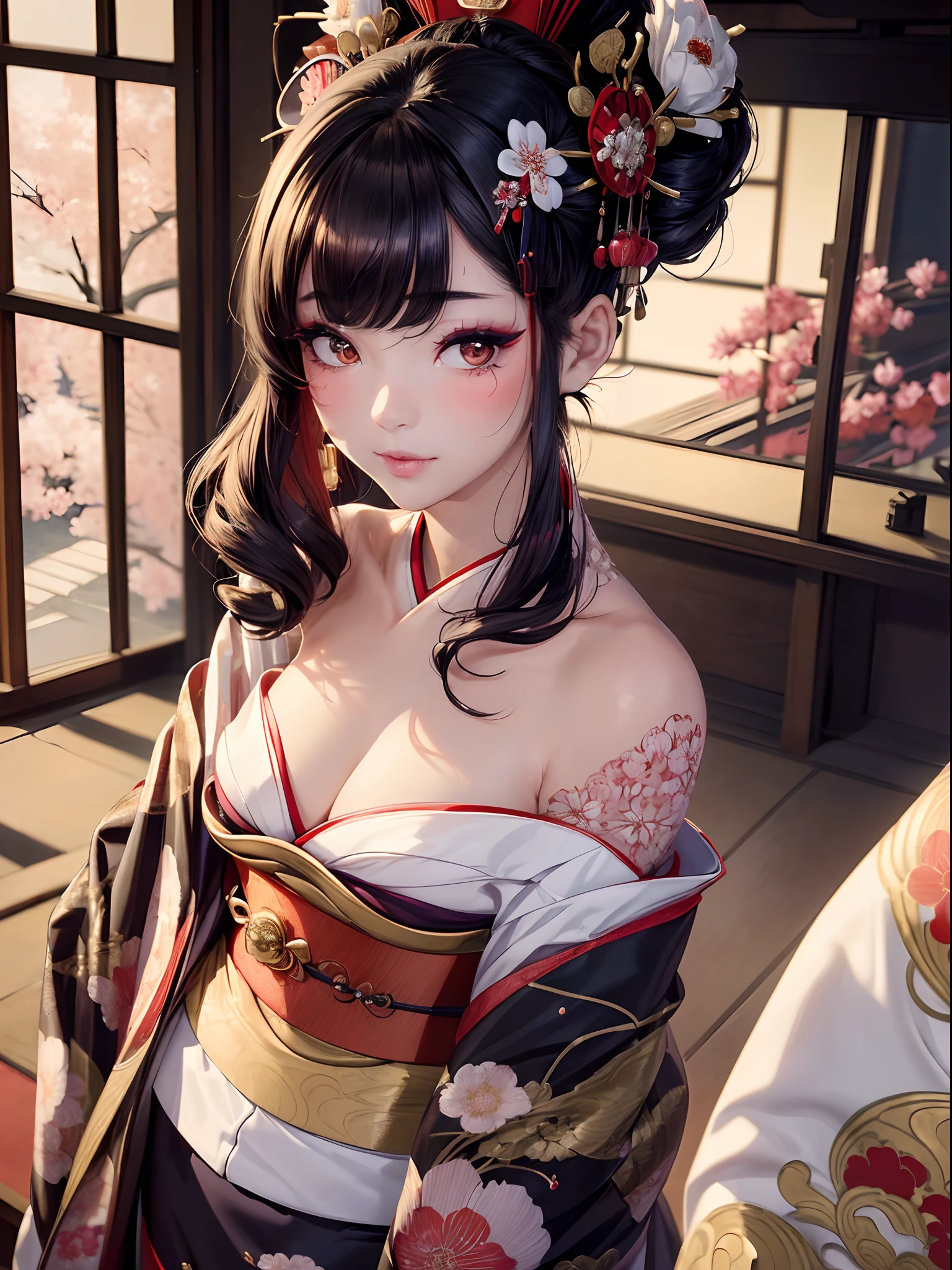 absurderes,(masterpiece、top-quality、8K ),intricate detailes,ultra-detailliert、1 Beautiful Japan Woman、(geisha,geisha hairstyle、Luxury kimono:1.4),luxury hair ornament,A dark-haired、Mt fuji、cherry blossom in full bloom、(Thin makeup:1.3),A slight smil、de pele branca、Hyper realistic,Perfect Anatomy