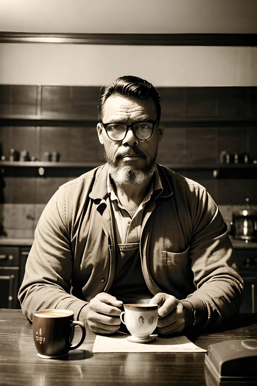 guttoepic2, Retro-style photograph of a 19th-century man with glasses sitting in a café of the era. He has a serene and contagious expression, and on his table, there's a cup of coffee and a croissant. In the background, we see an espresso coffee maker on the counter. The lighting is dim, reminiscent of the 19th century. Sepia-toned photograph. Realistic, nostalgic, and extremely detailed, with significant background blur.