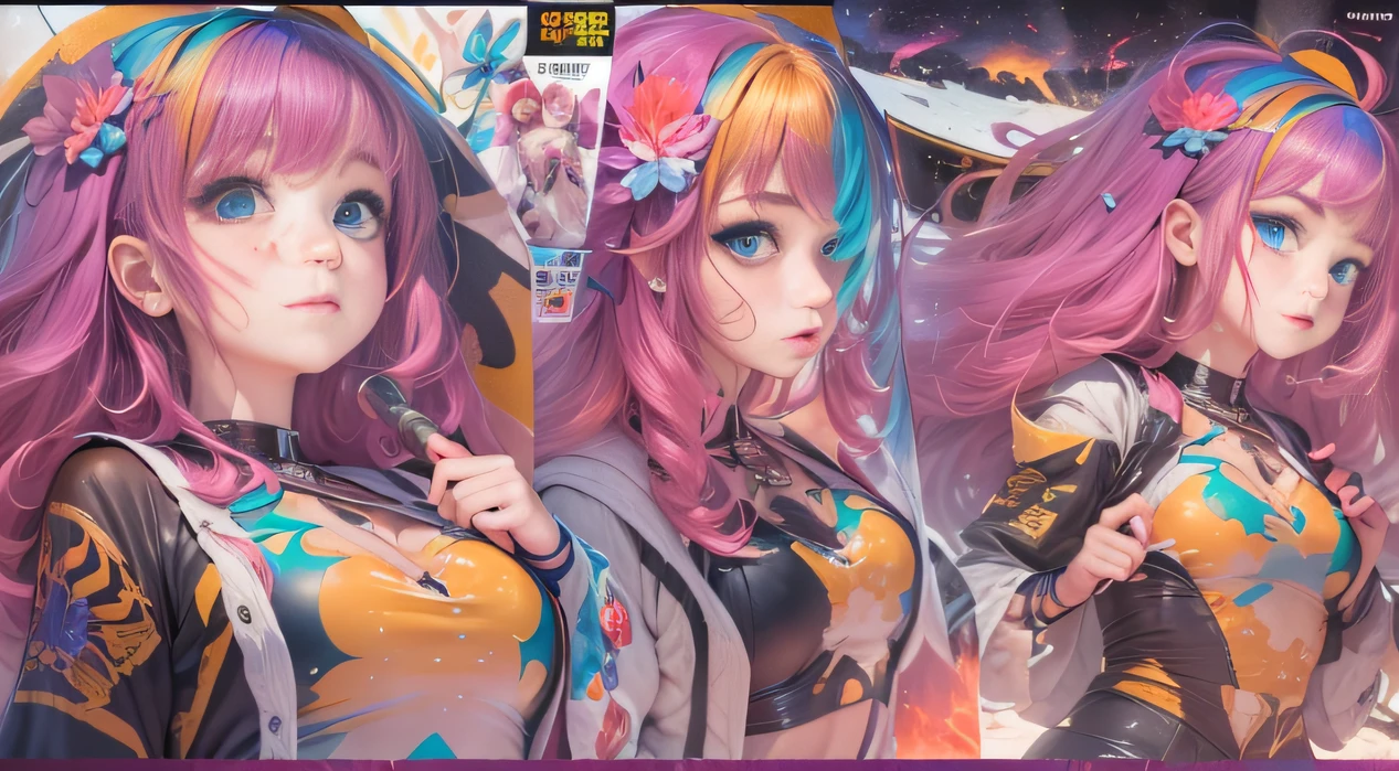 (a girl with colorful hair)(best quality, highres, vivid colors, (manga), (comic))Forged hammer pattern,Big belly,oguchi,sedate,massiness,Shiny and warm