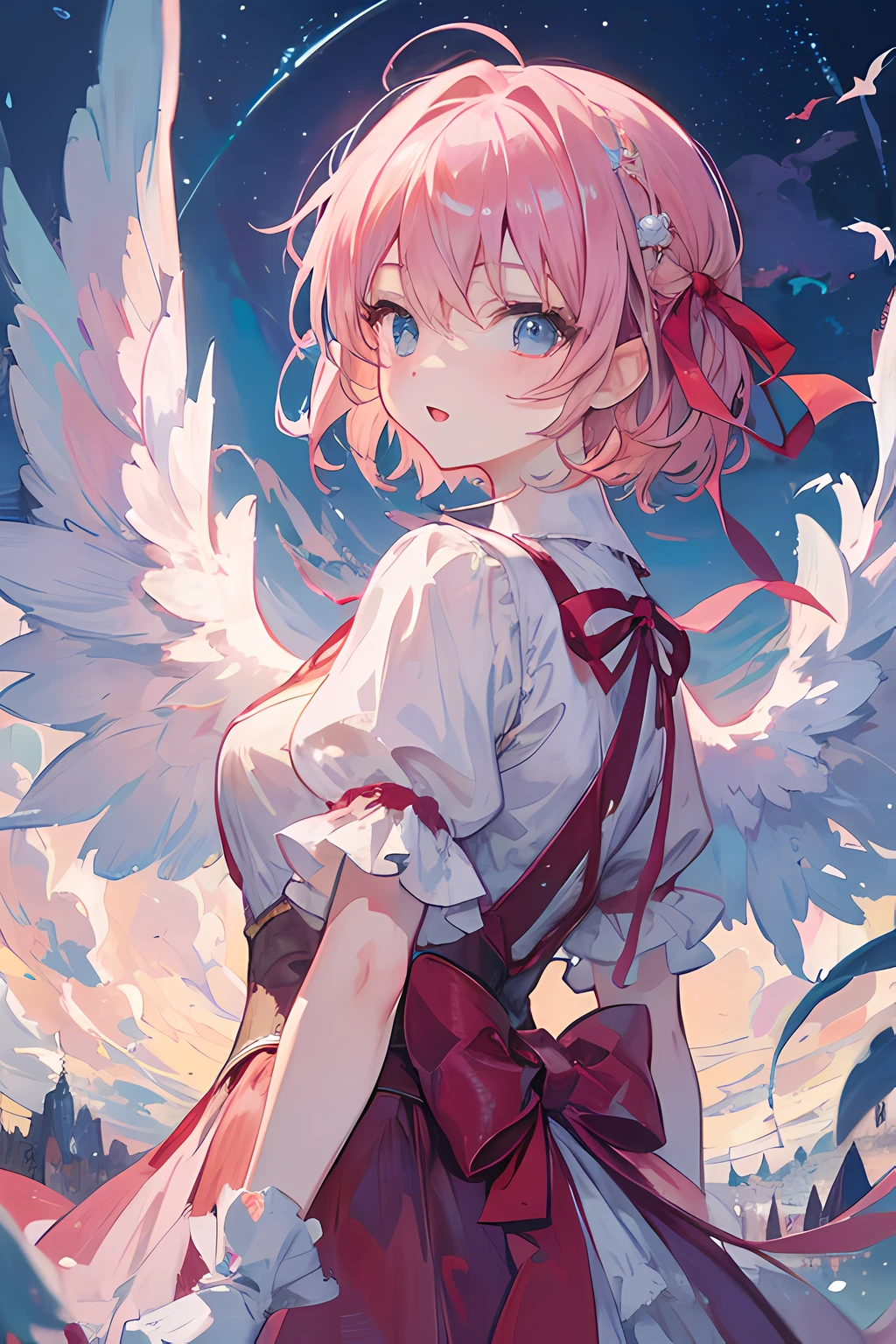 ((masterpiece:1.2, best quality)), 1girl, solo, (angel wings), a close up of a girl with short pink hair, short hair, dress, aurora, night, star (sky), gloves, sky, Crimson Dress, night sky, open mouth, starry sky, light blue eyes, ribbon, very shorthair, red dress, smile, hair ribbon, cape, pink hair, (bird), magic, casting spell, dark clouds, night, (impressionism:1.4), alphonse mucha, HD eyes, Tosca Anime eyes