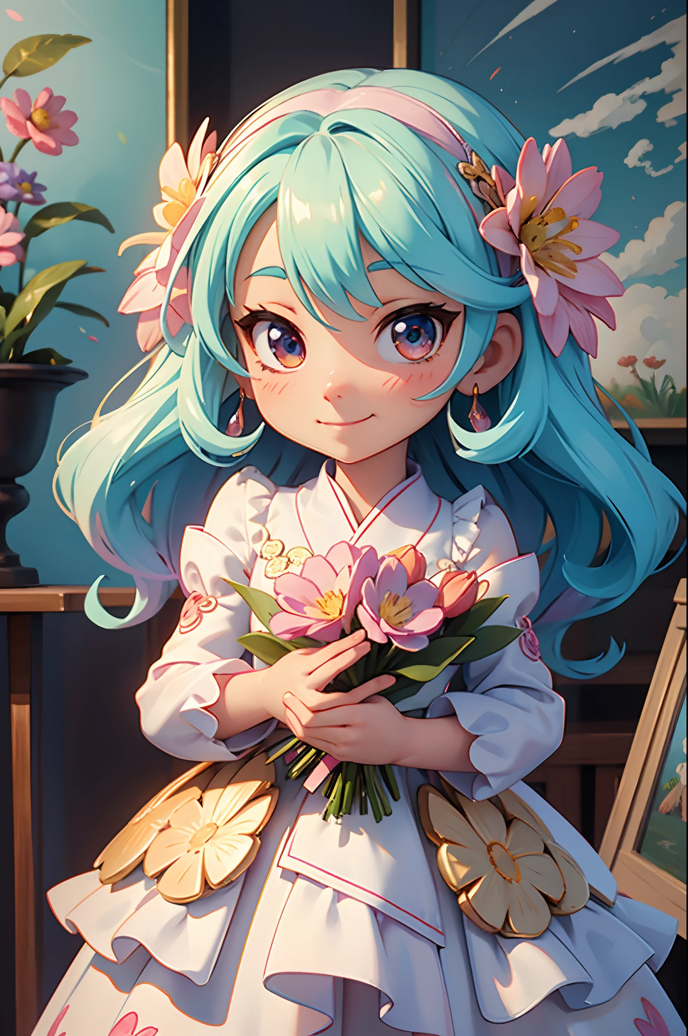 photoRealstic、Nendroids in wedding dress standing in front of the painting、A smile、watercolor Nendoroid、(High Definition Figure)、Flowing iridescent silk、up of face、Eye Up、Colorcon with heart pattern、Floral dress、There are also flowers in front of the nendroids、flower petals、season!!: 夏天☀ 🍂