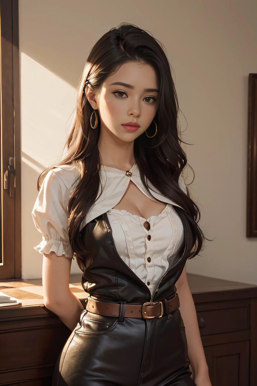 young woman , sozinha , olhar telespectador ,(tmasterpiece )(HighestQuali) ,1girl,oil painted,realistic oil painting , busto , detalhes claros , Alto realismo , period clothing style , beleza natural , profundidade na imagem , sombras bem definidas ,