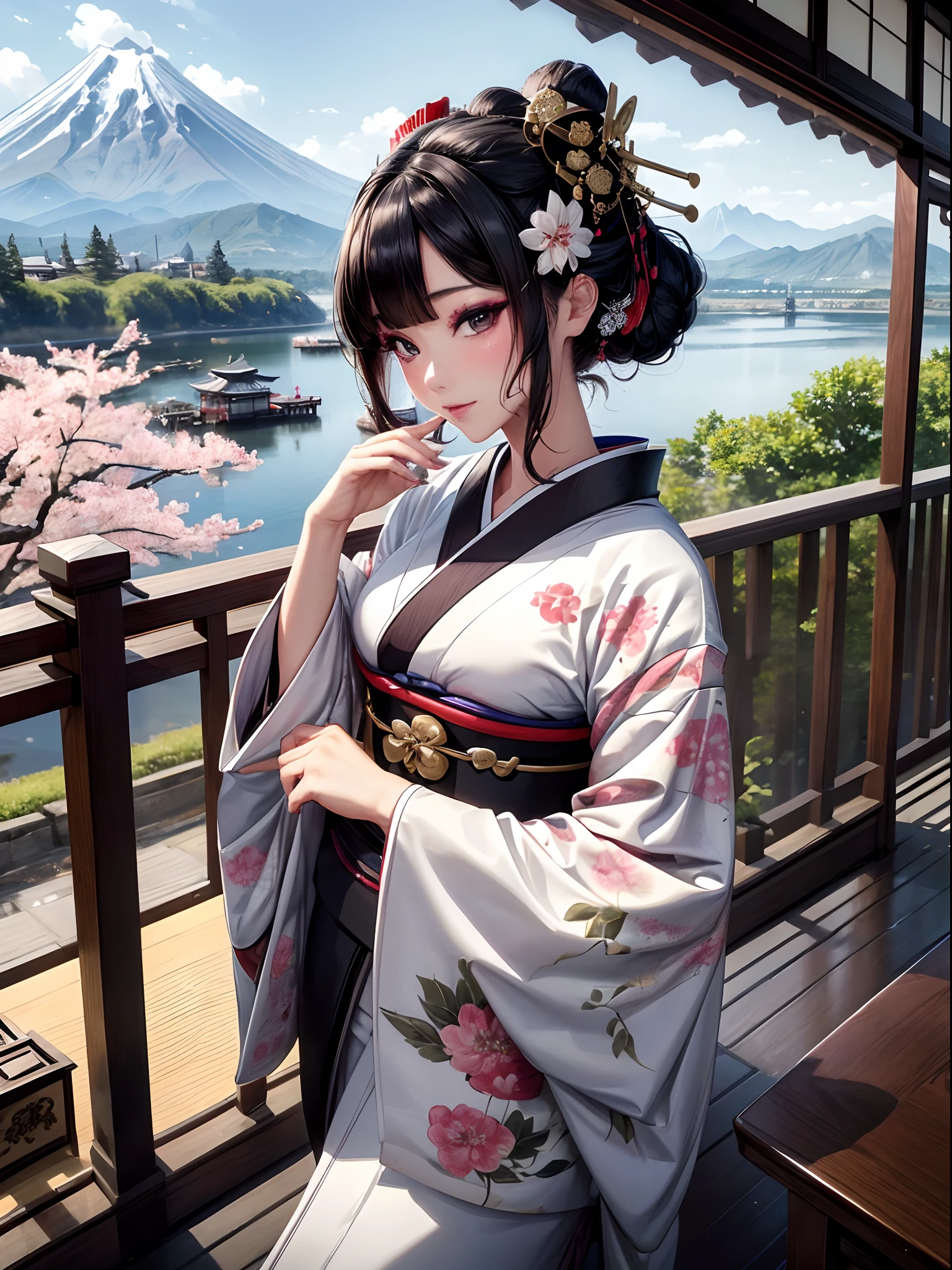 absurderes,(masterpiece、top-quality、8K ),intricate detailes,ultra-detailliert、1 Beautiful Japan Woman、(geisha,geisha hairstyle、Luxury kimono:1.4),Dress perfectly、luxury hair ornament,A dark-haired、(I can see the mountains. Fuji:1.3),cherry blossom in full bloom、(Thin makeup:1.3),A slight smil、de pele branca、(Sushi:1.2),Hyper realistic,Perfect Anatomy