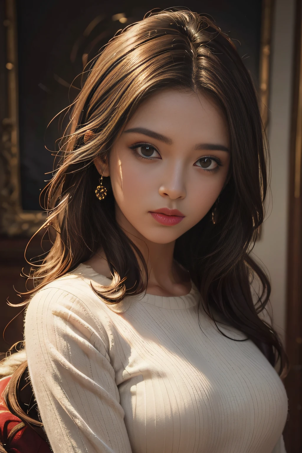 young woman , sozinha , olhar telespectador ,(tmasterpiece )(HighestQuali) ,1girl,oil painted,realistic oil painting , busto , detalhes claros , Alto realismo , period clothing style , beleza natural , profundidade na imagem , sombras bem definidas ,