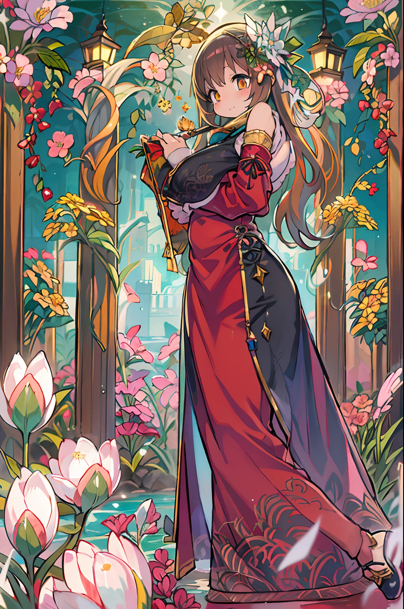 Samia, girl, Solo, Shirt, looking at you, Face, Perfect, Flowers, High quality, Radiant, knight, godly, Red Shirt, red velvet, Water, ocean, lotuses