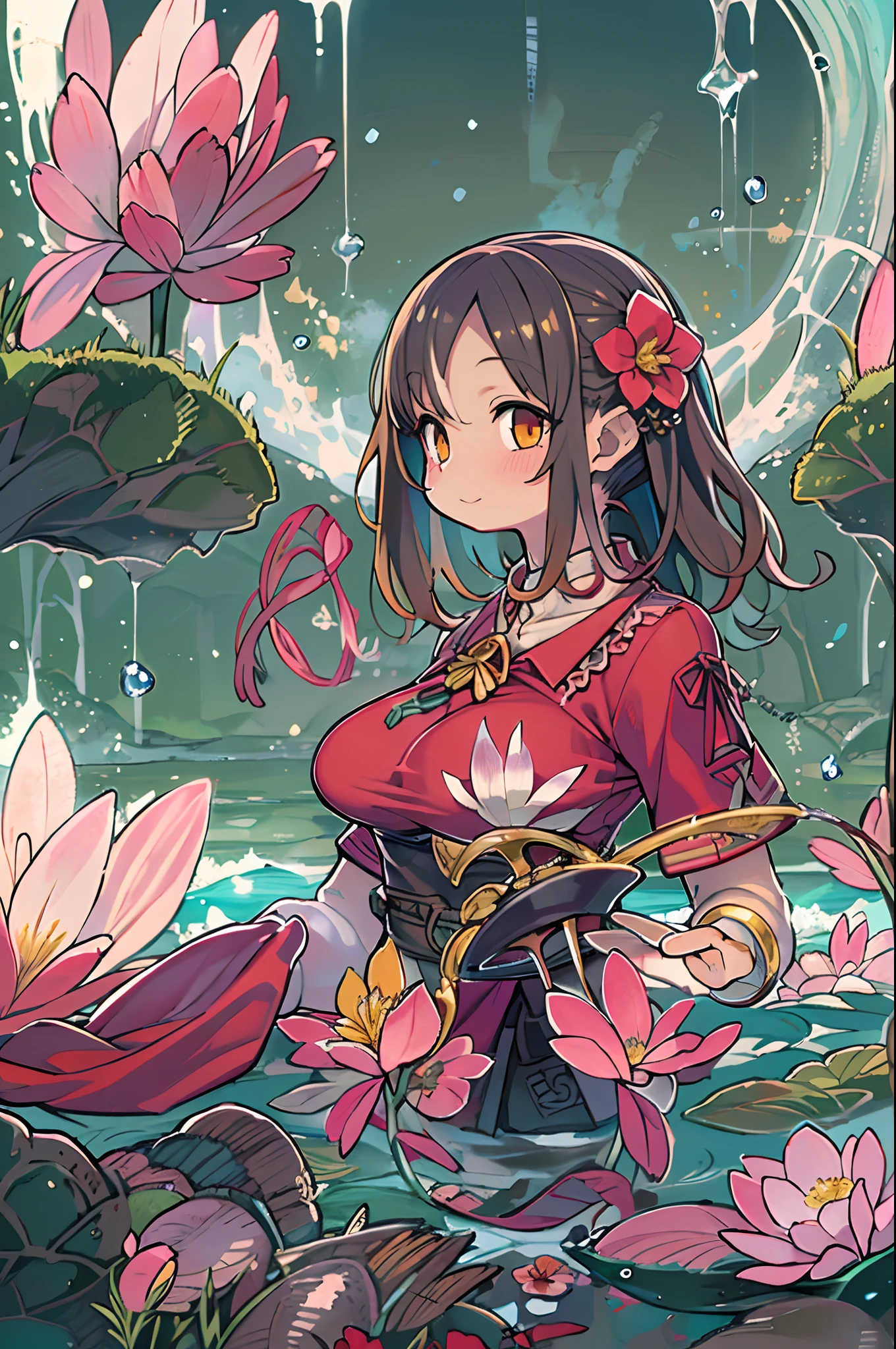Samia, girl, Solo, Shirt, looking at you, Face, Perfect, Flowers, High quality, Radiant, knight, godly, Red Shirt, red velvet, Water, ocean, lotuses