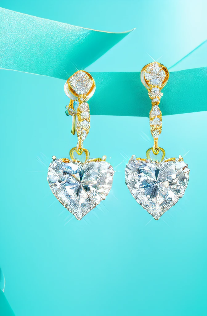 ((best quality)), ((masterpiece)), ((realistic)), (detailed), a close up of a pair of heart shaped earrings, cyan photographic backdrop, holding gold, shiny sparkling diamonds, looking at it rewards the soul, simple figures, centered in frame, wearing jewellery, no extra ears, bright smiles, dimensions