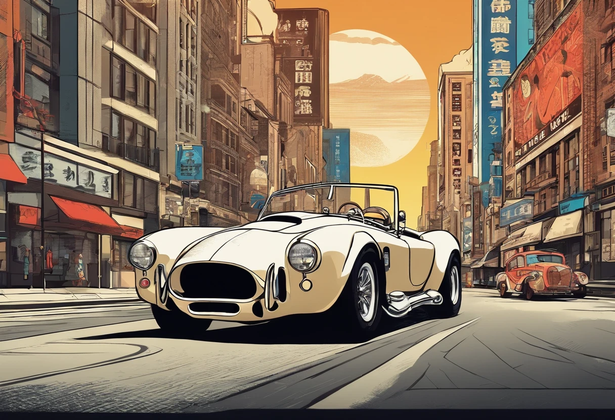 ukiyo-e style: Great SHELBY COBRA, wide background, small and centered, full color, new york city scenery,