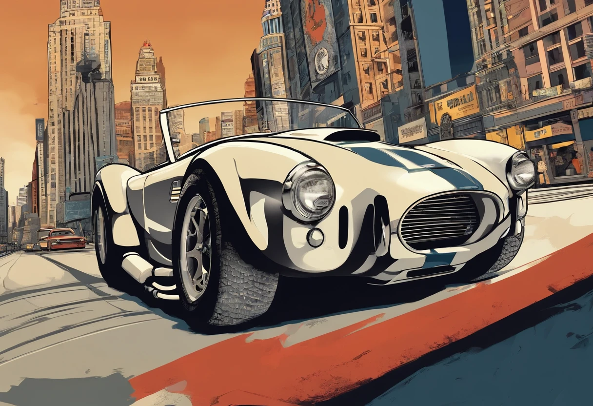 ukiyo-e style: Great SHELBY COBRA, wide background, small and centered, full color, new york city scenery,