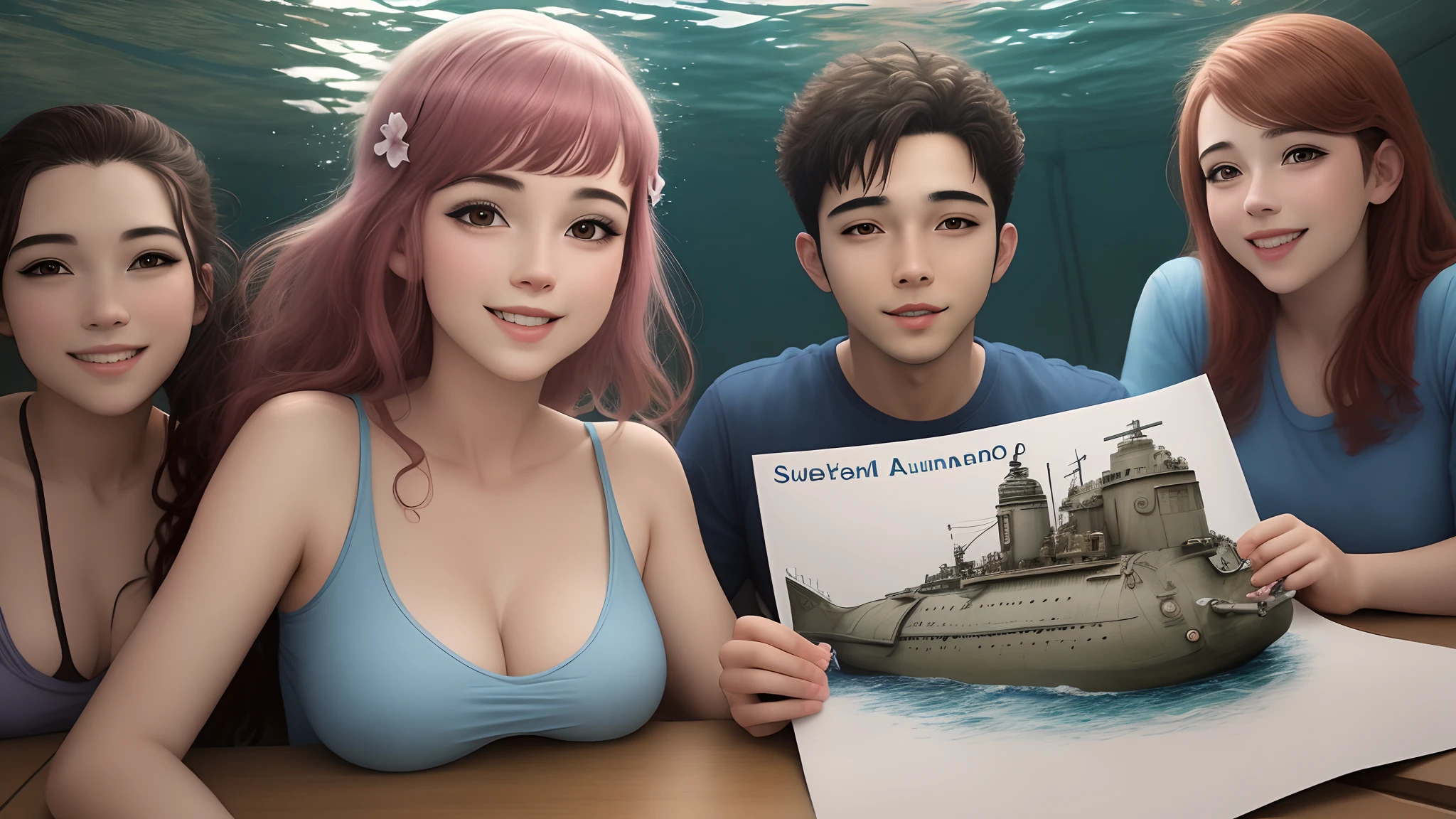 desenho submarino com pessoas