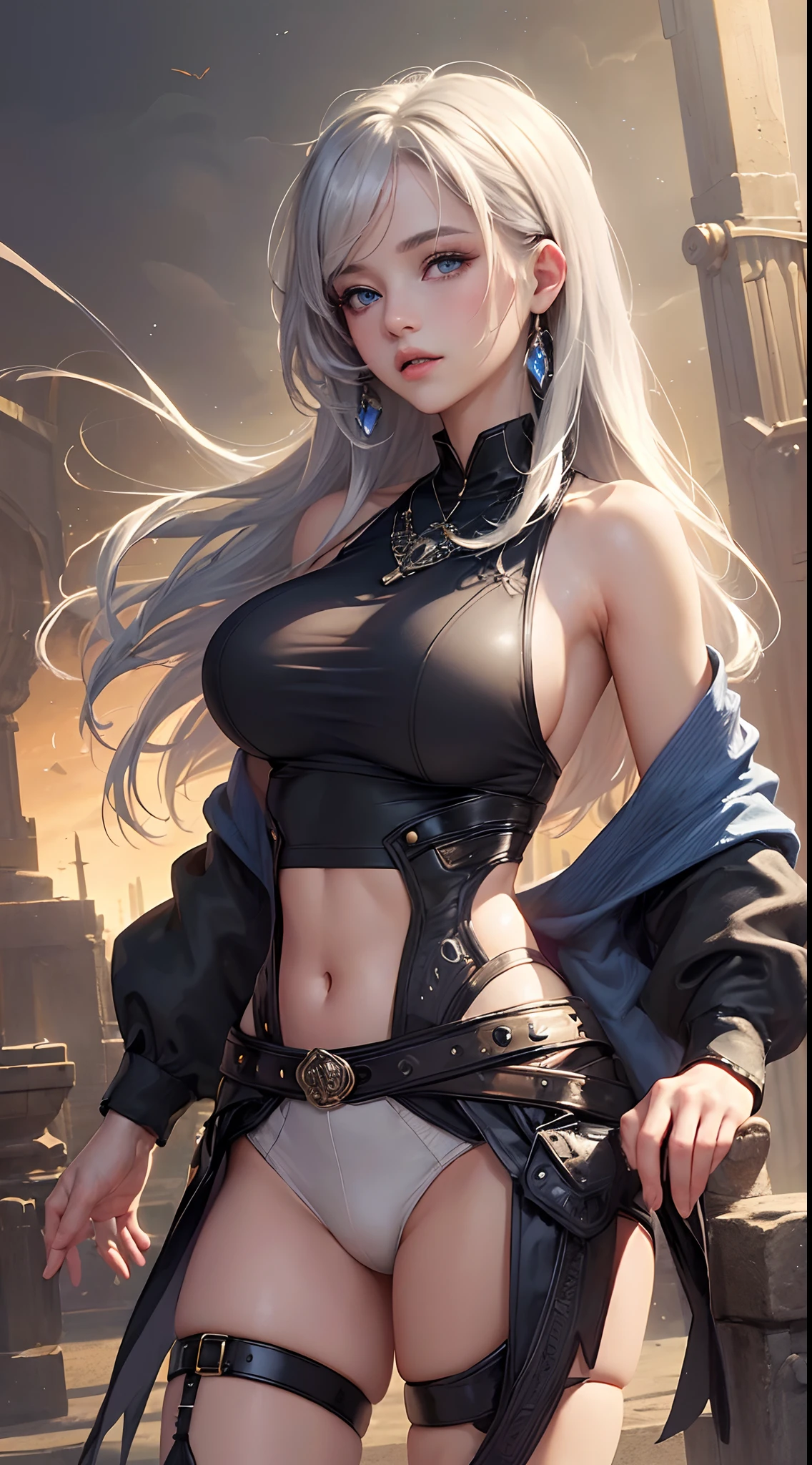 ((Best quality, 8K, Masterpiece :1.3)), 1girll, Abs beauty:1.3, (mid - length hair, huge tit:1.2), Cardigan:1.1, Ultra-fine face, A detailed eye, 二重まぶた，silber hair，eBlue eyes